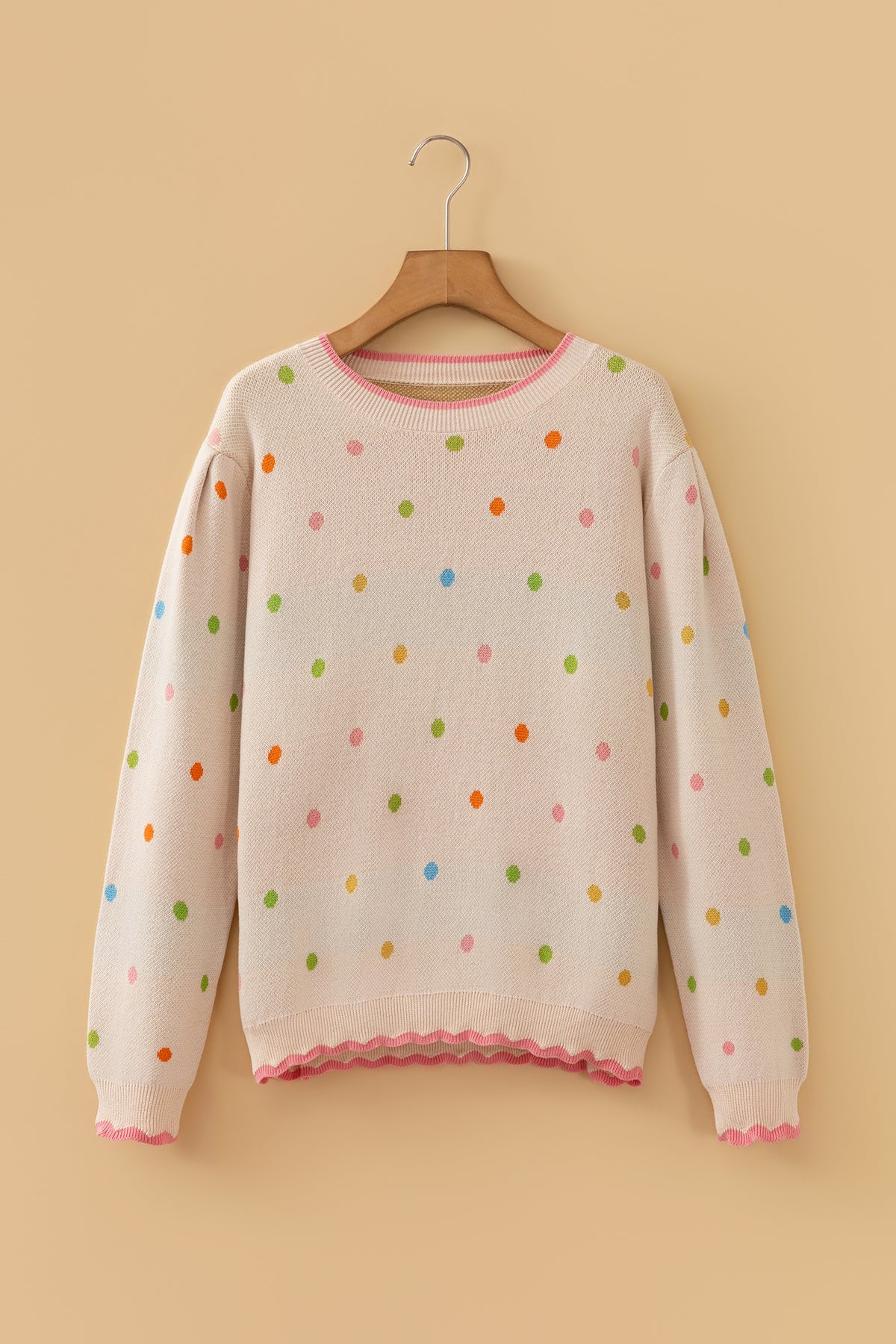 Coffee Round Neck Polka Dot Long Sleeve Casual Shift Sweater