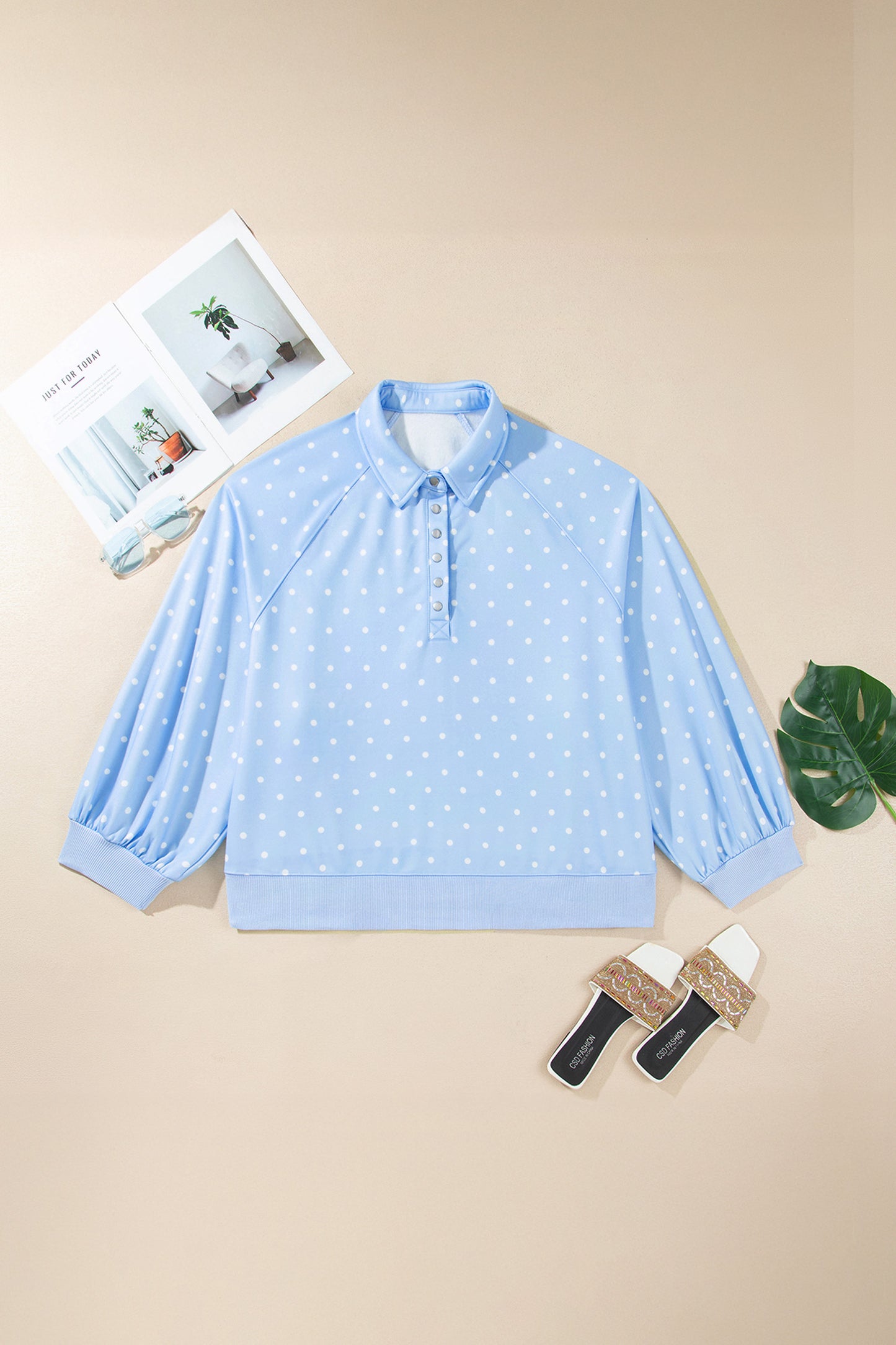 Sky Blue Polka Dot V Neck Metal Button Long Sleeve Shift Plus Size Sweatshirt