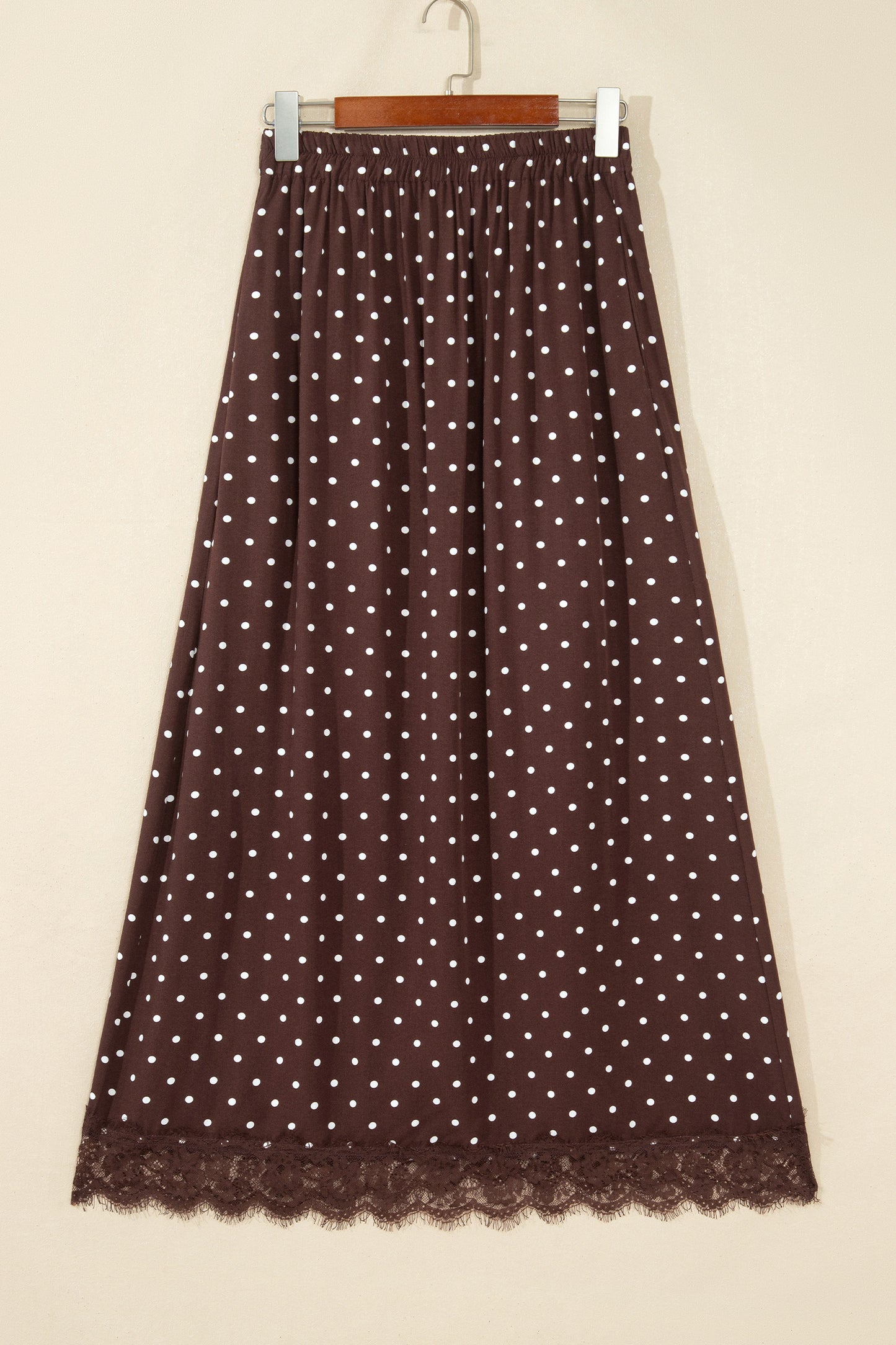 Brown Polka Dot Lace Hem Elegant Long Shift Skirt