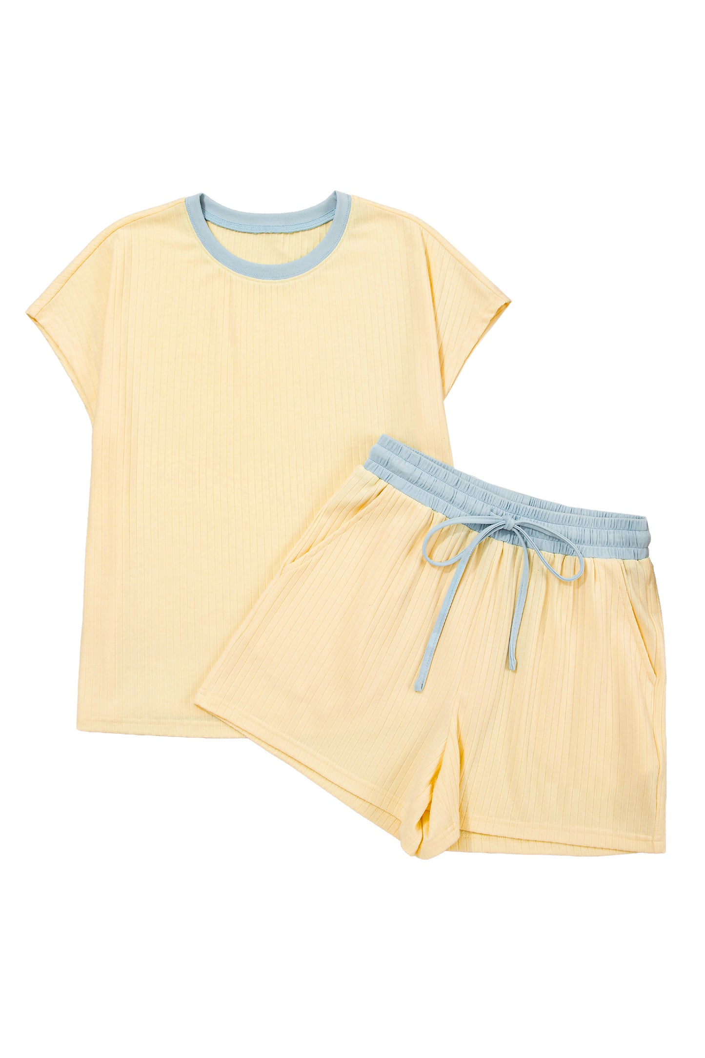 Sachet Pink Soft Ribbed Color Block Trim Casual Short Set