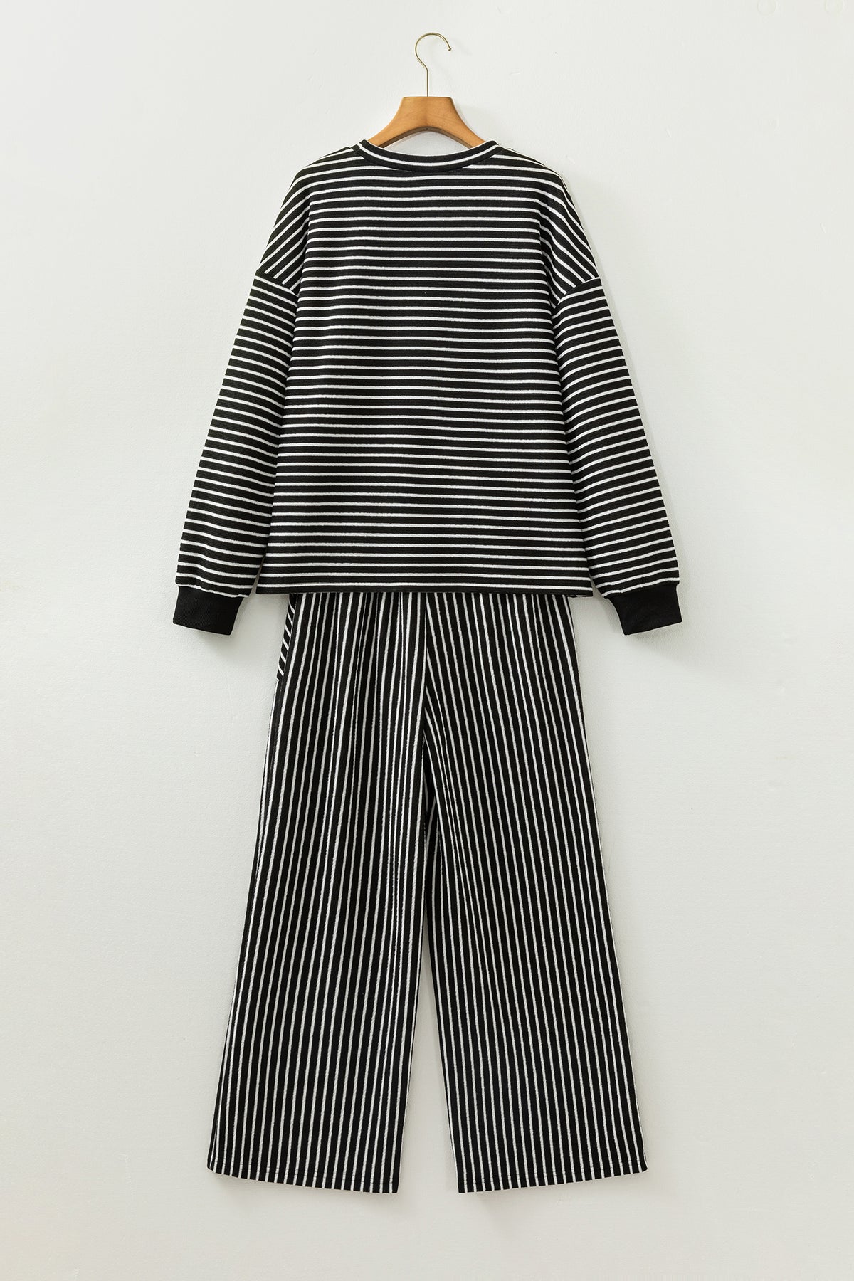 Black Stripe Drop Shoulder Relaxed Pullover Casual Pants 2pcs Set