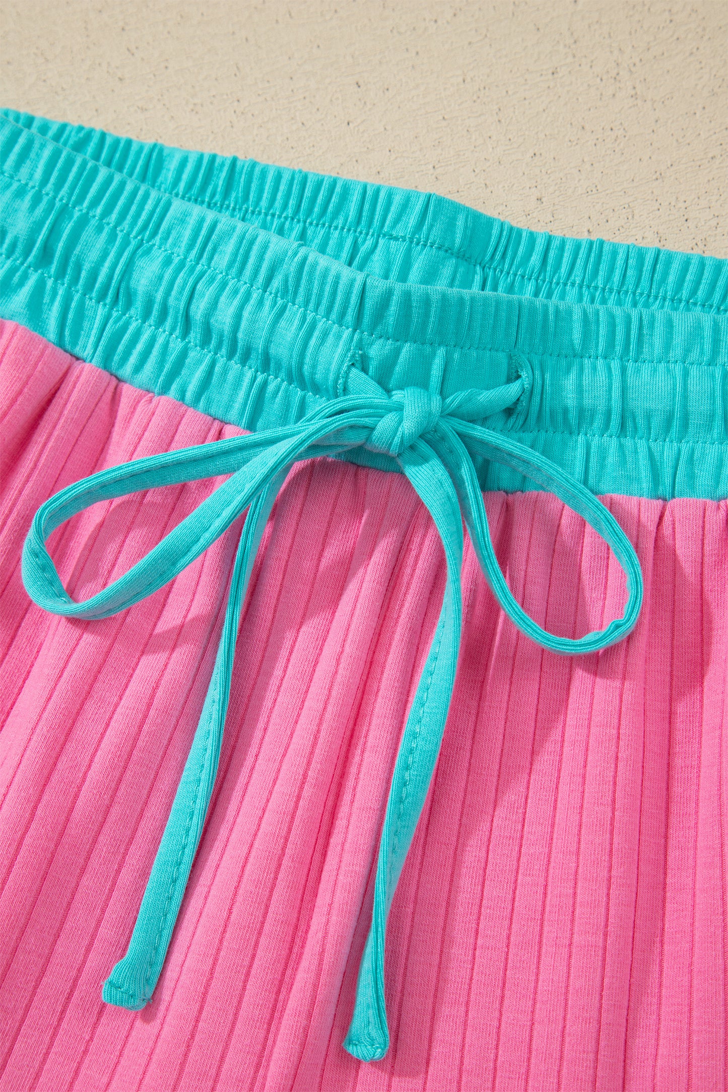 Sachet Pink Soft Ribbed Color Block Trim Casual Short Set