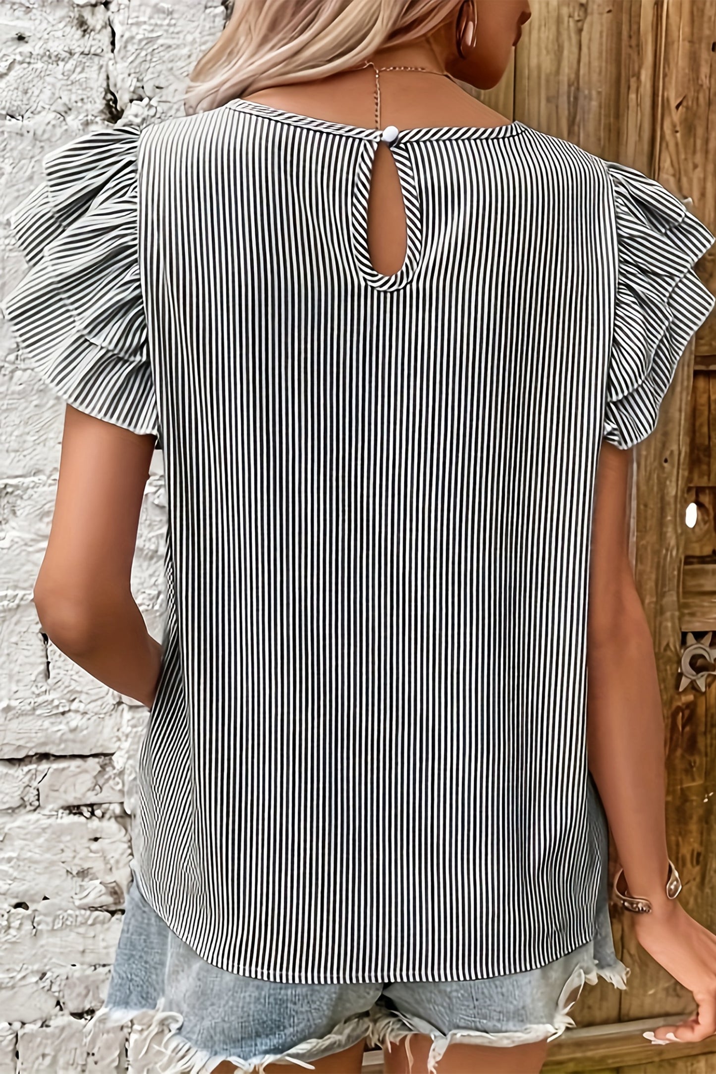 Porch Pick-up Black Stripe Striped Ruffle Sleeve Short Sleeve Round Neck Casual Shift Blouse