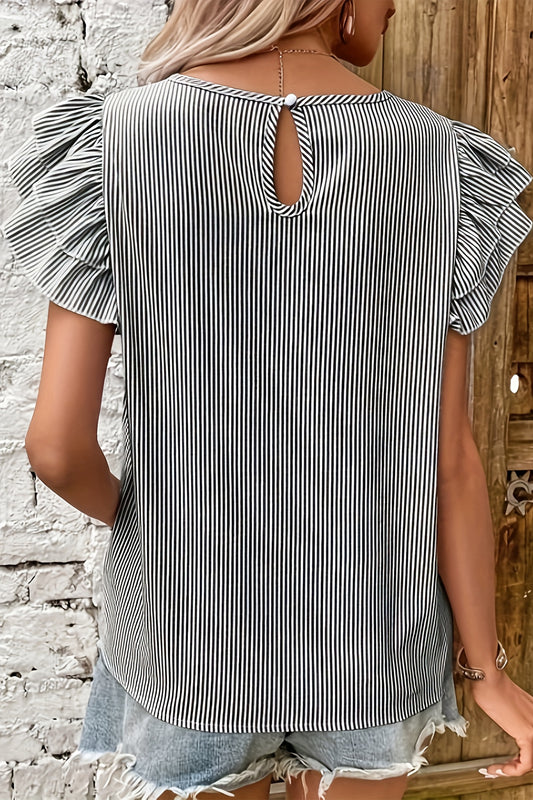 Porch Pick-up Black Stripe Striped Ruffle Sleeve Short Sleeve Round Neck Casual Shift Blouse