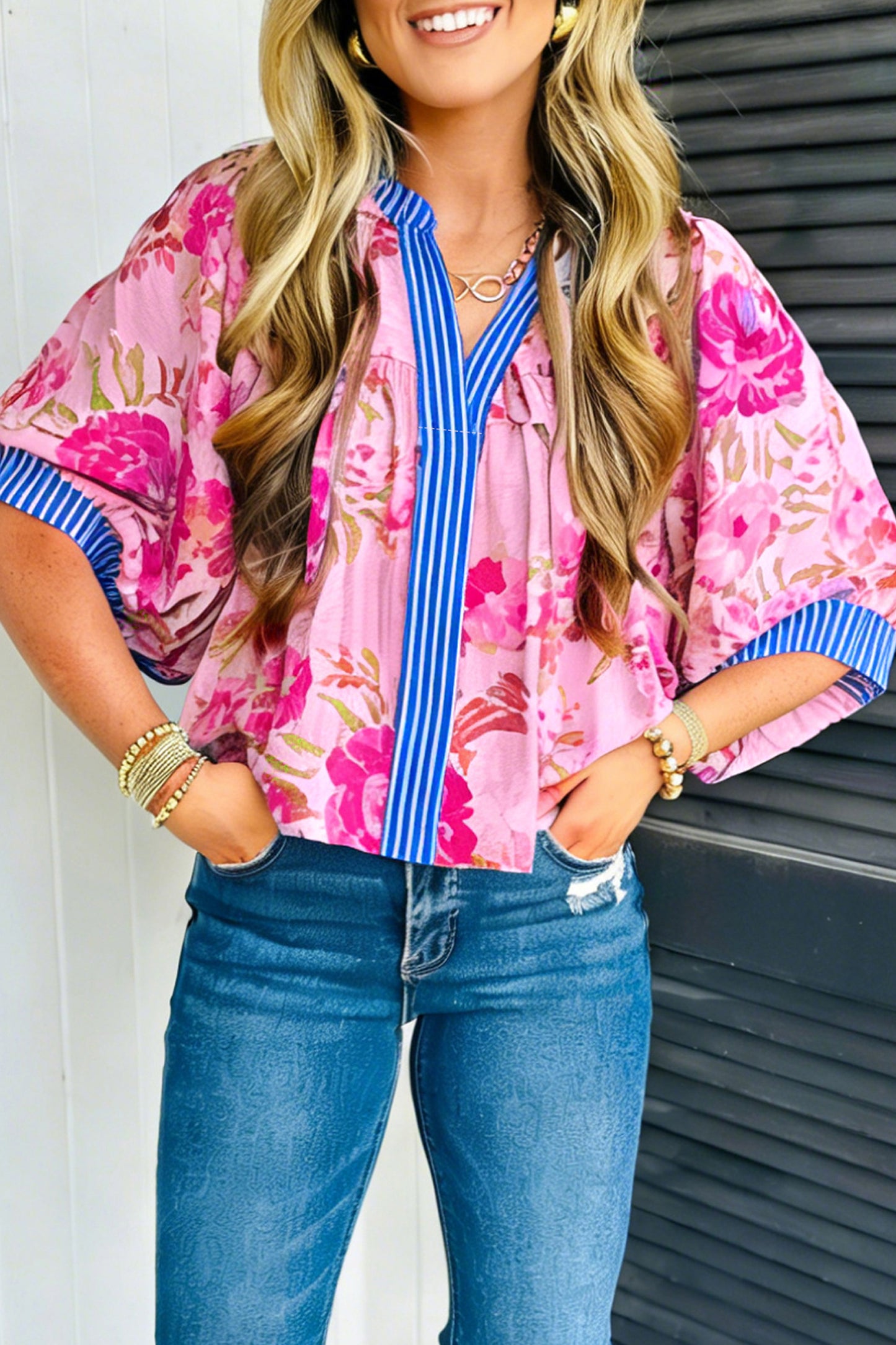 Porch Pick-up Multicolour Floral Half Sleeve Striped Trim V Neck Blouse
