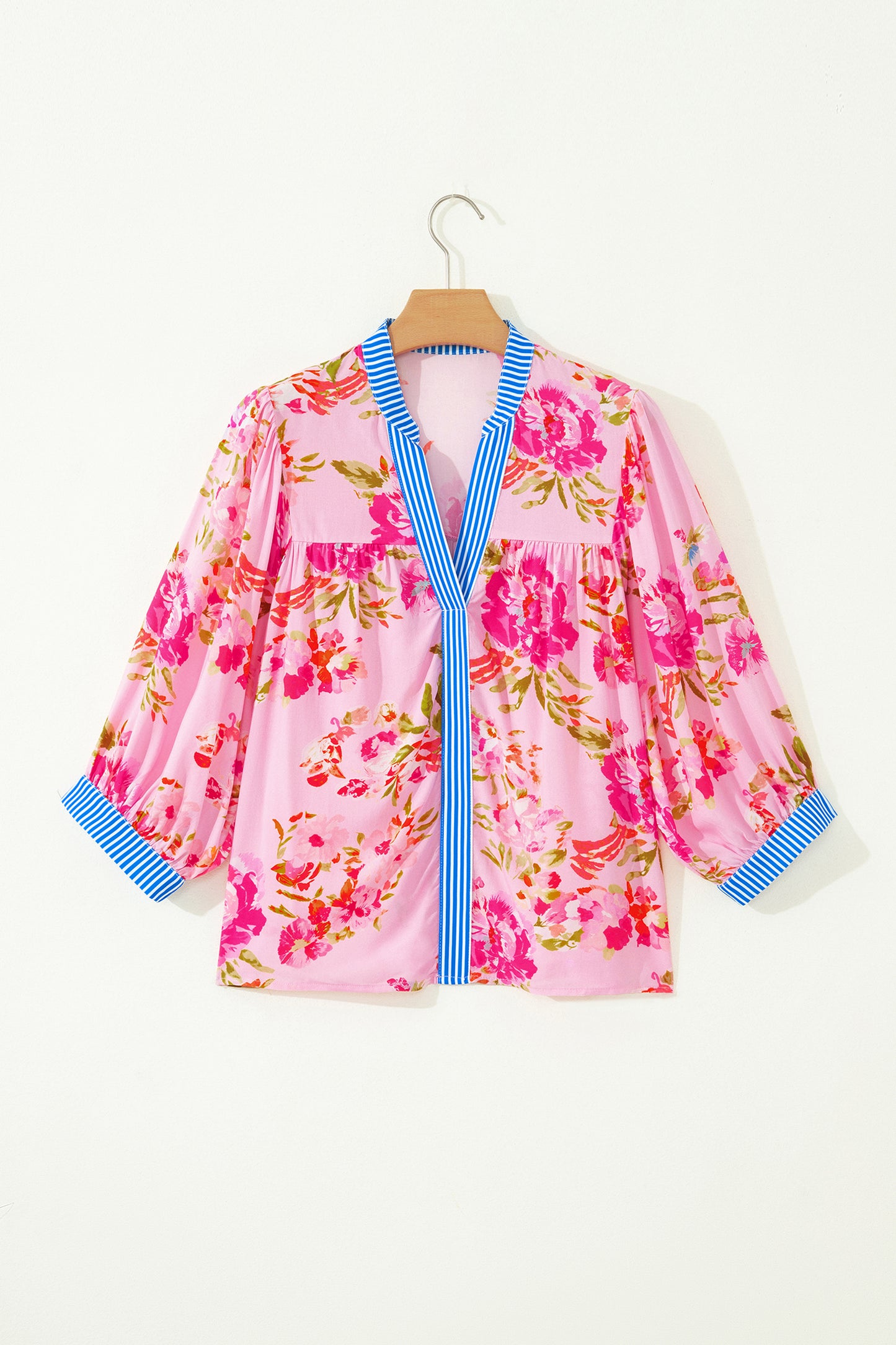 Porch Pick-up Multicolour Floral Half Sleeve Striped Trim V Neck Blouse