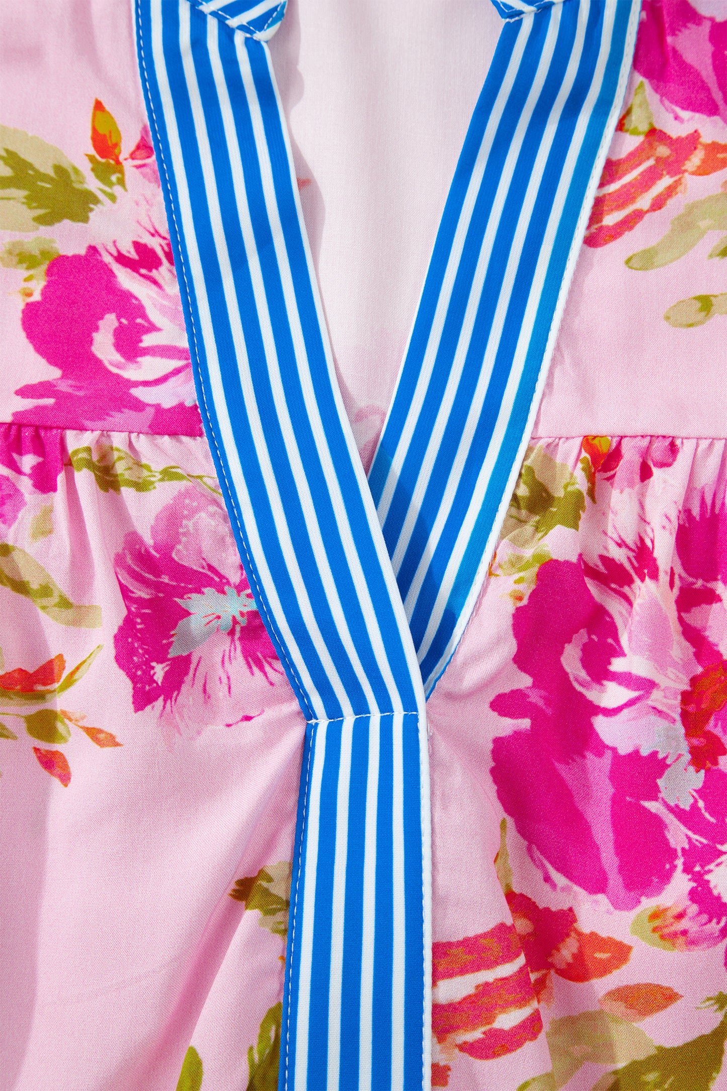 Porch Pick-up Multicolour Floral Half Sleeve Striped Trim V Neck Blouse
