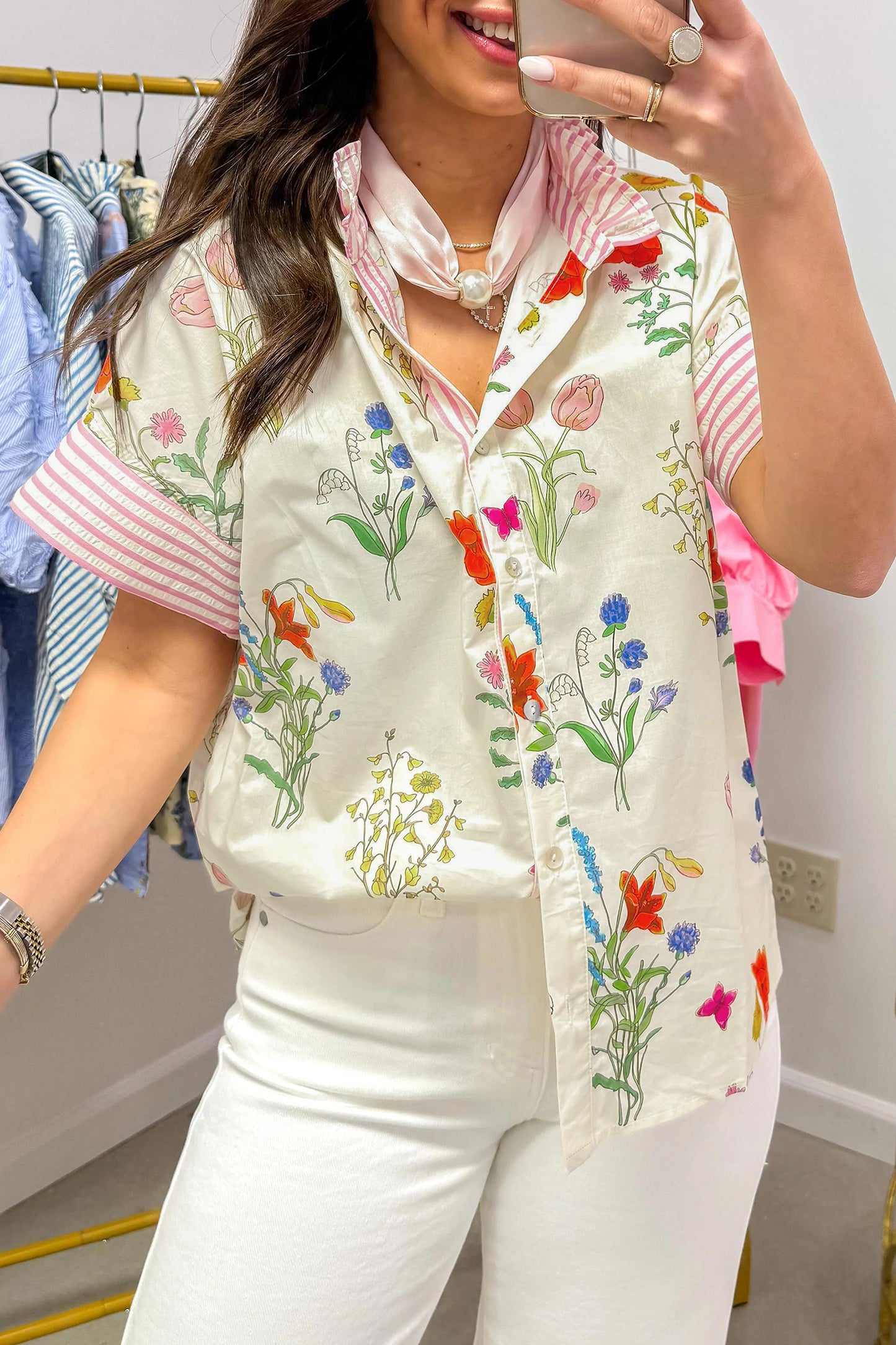 Porch Pick-up Beige Floral Striped Patchwork Ruffled Collar Short Sleeve Shirt