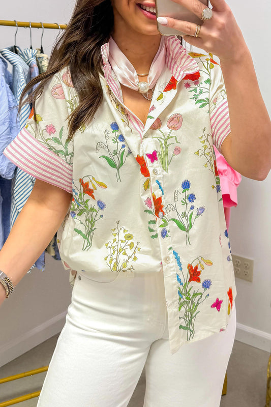Porch Pick-up Beige Floral Striped Patchwork Ruffled Collar Short Sleeve Shirt