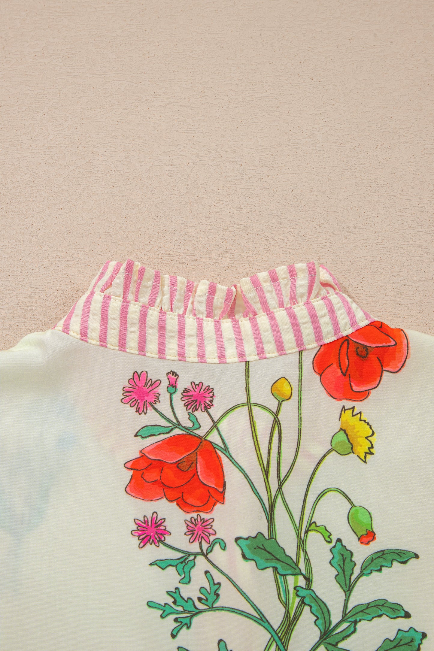 Porch Pick-up Beige Floral Striped Patchwork Ruffled Collar Short Sleeve Shirt
