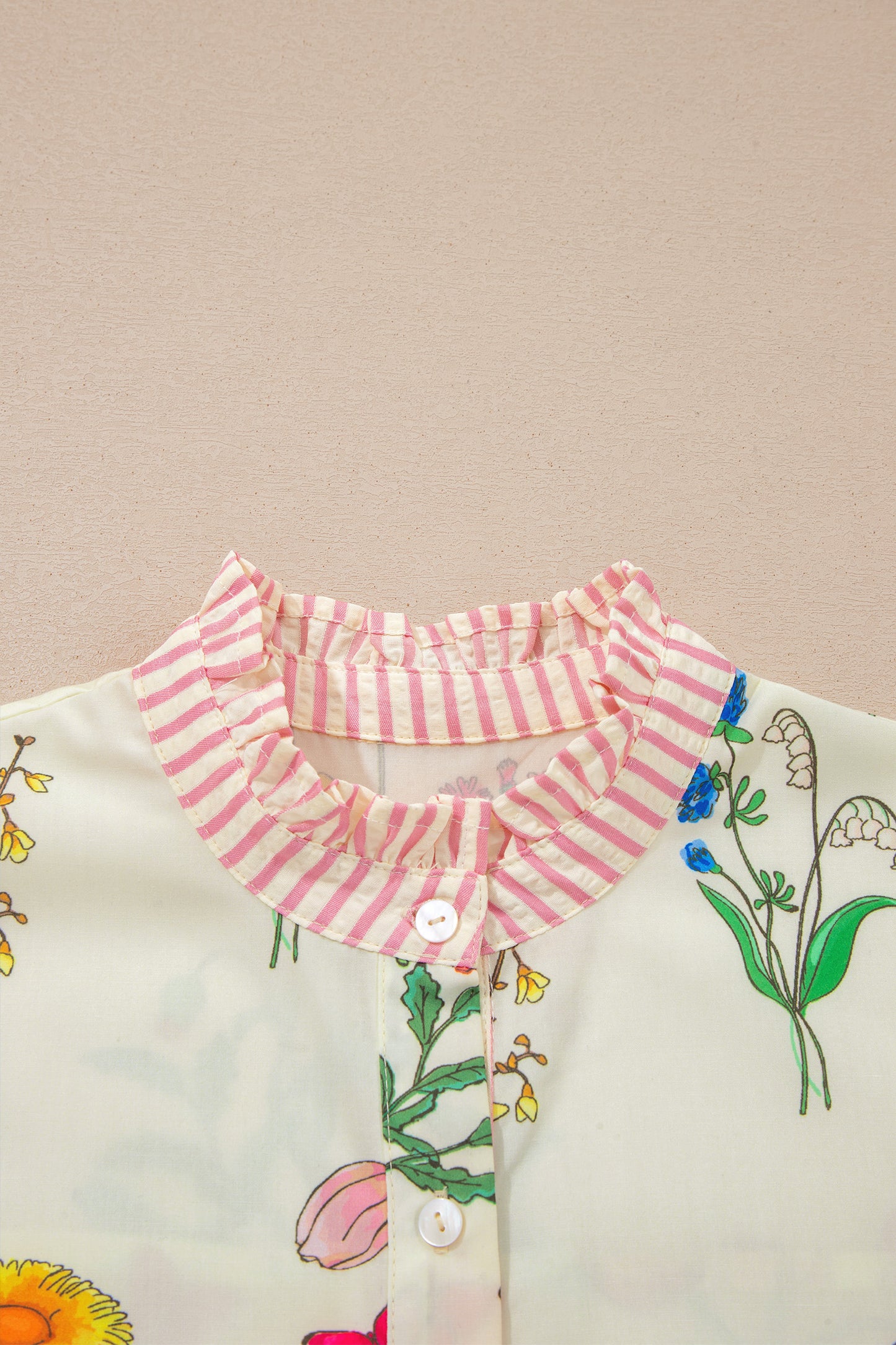 Porch Pick-up Beige Floral Striped Patchwork Ruffled Collar Short Sleeve Shirt
