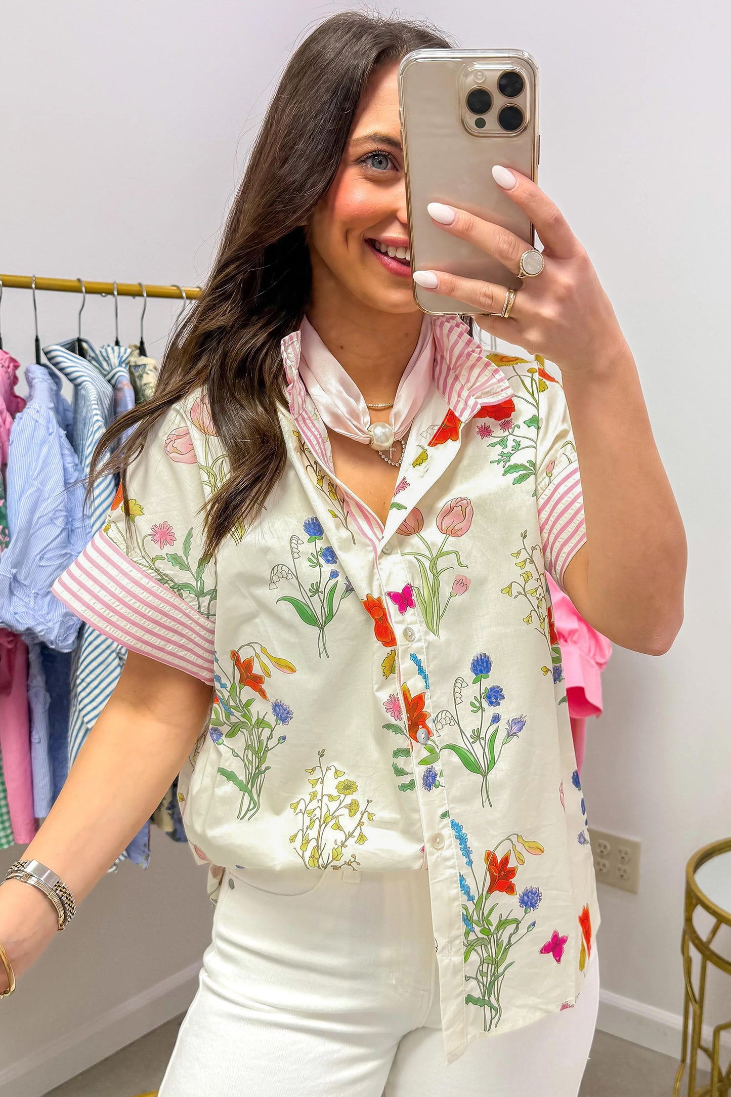 Porch Pick-up Beige Floral Striped Patchwork Ruffled Collar Short Sleeve Shirt