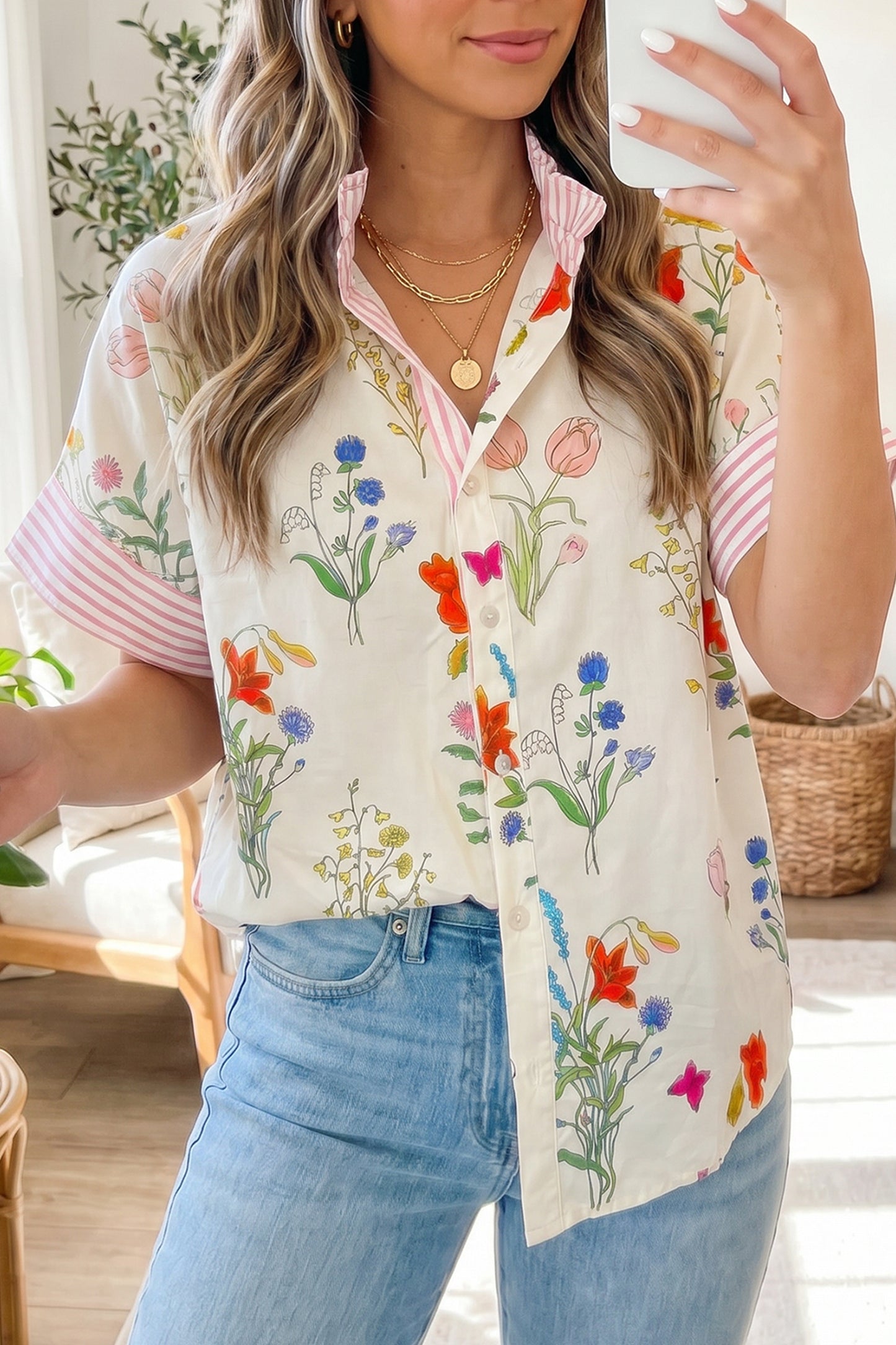 Porch Pick-up Beige Floral Striped Patchwork Ruffled Collar Short Sleeve Shirt