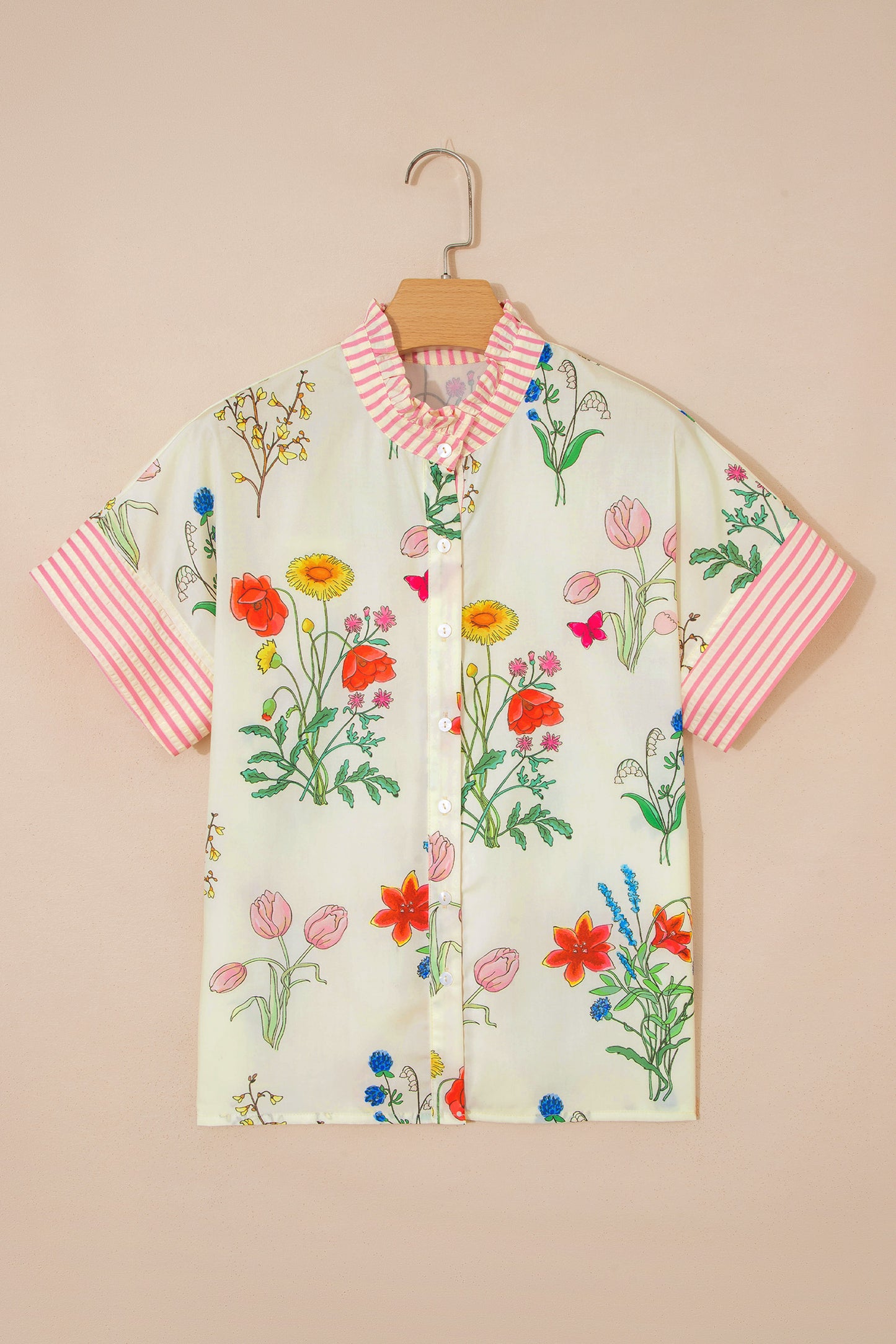 Porch Pick-up Beige Floral Striped Patchwork Ruffled Collar Short Sleeve Shirt
