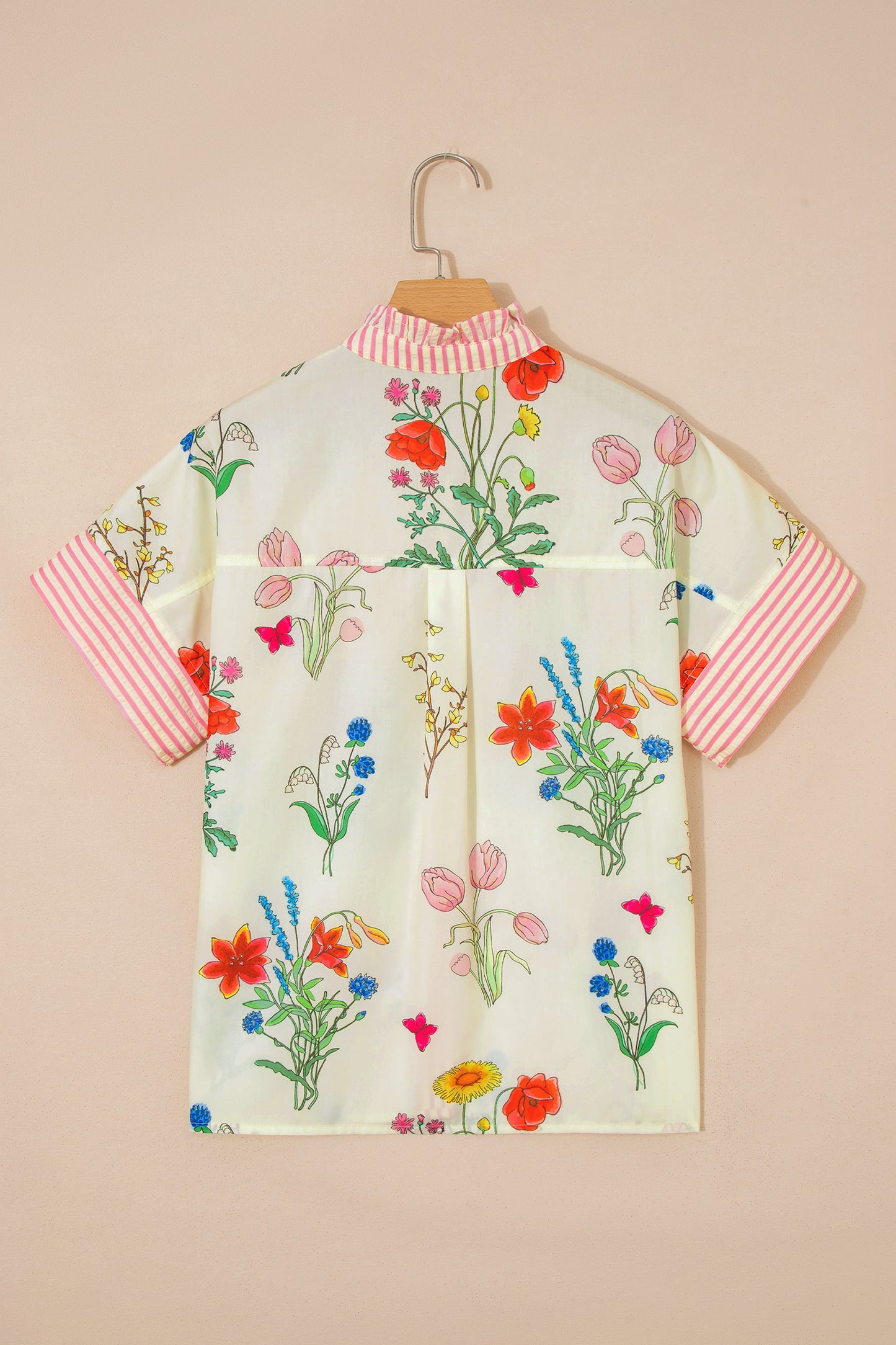Porch Pick-up Beige Floral Striped Patchwork Ruffled Collar Short Sleeve Shirt