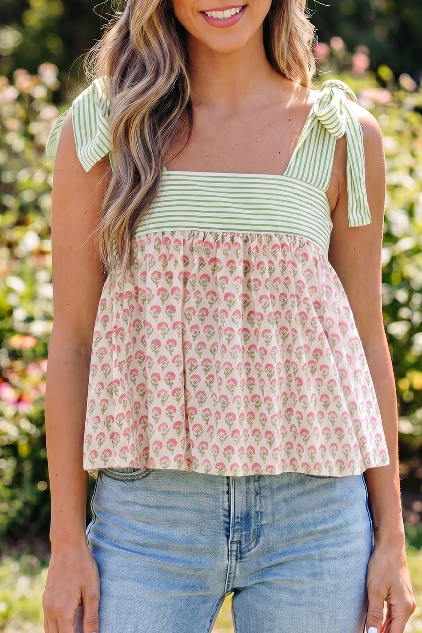 Porch Pick-up Pink Floral Printed Knot Straps Babydoll Tank Top