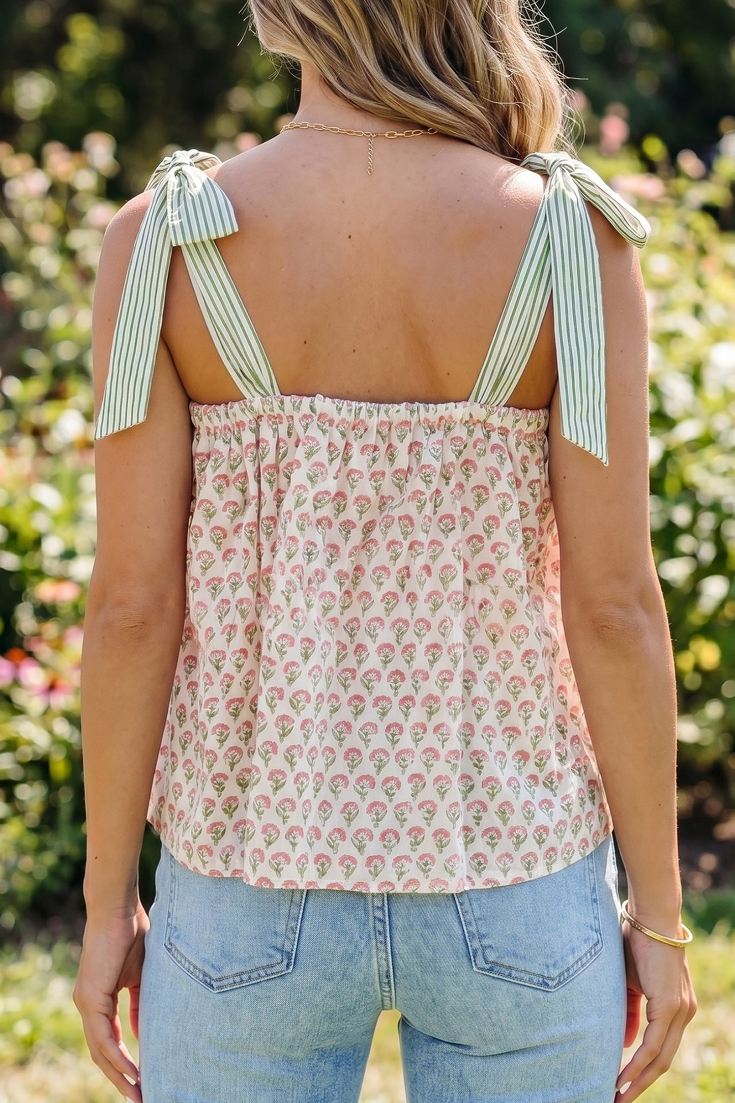 Porch Pick-up Pink Floral Printed Knot Straps Babydoll Tank Top
