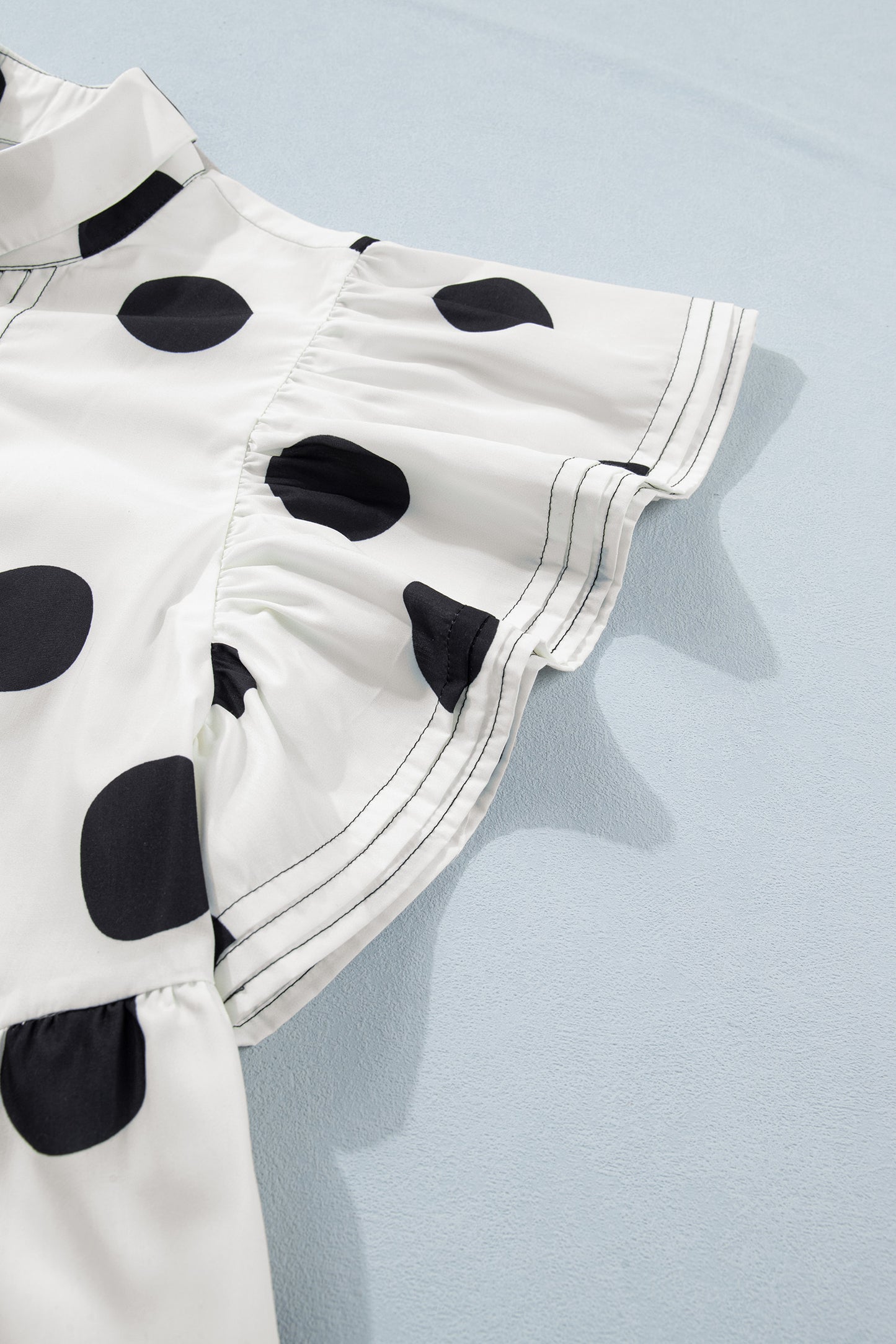 Porch Pick-up White Polka Dot Print Half Button Ruffled Short Sleeve Loose Mini Dress