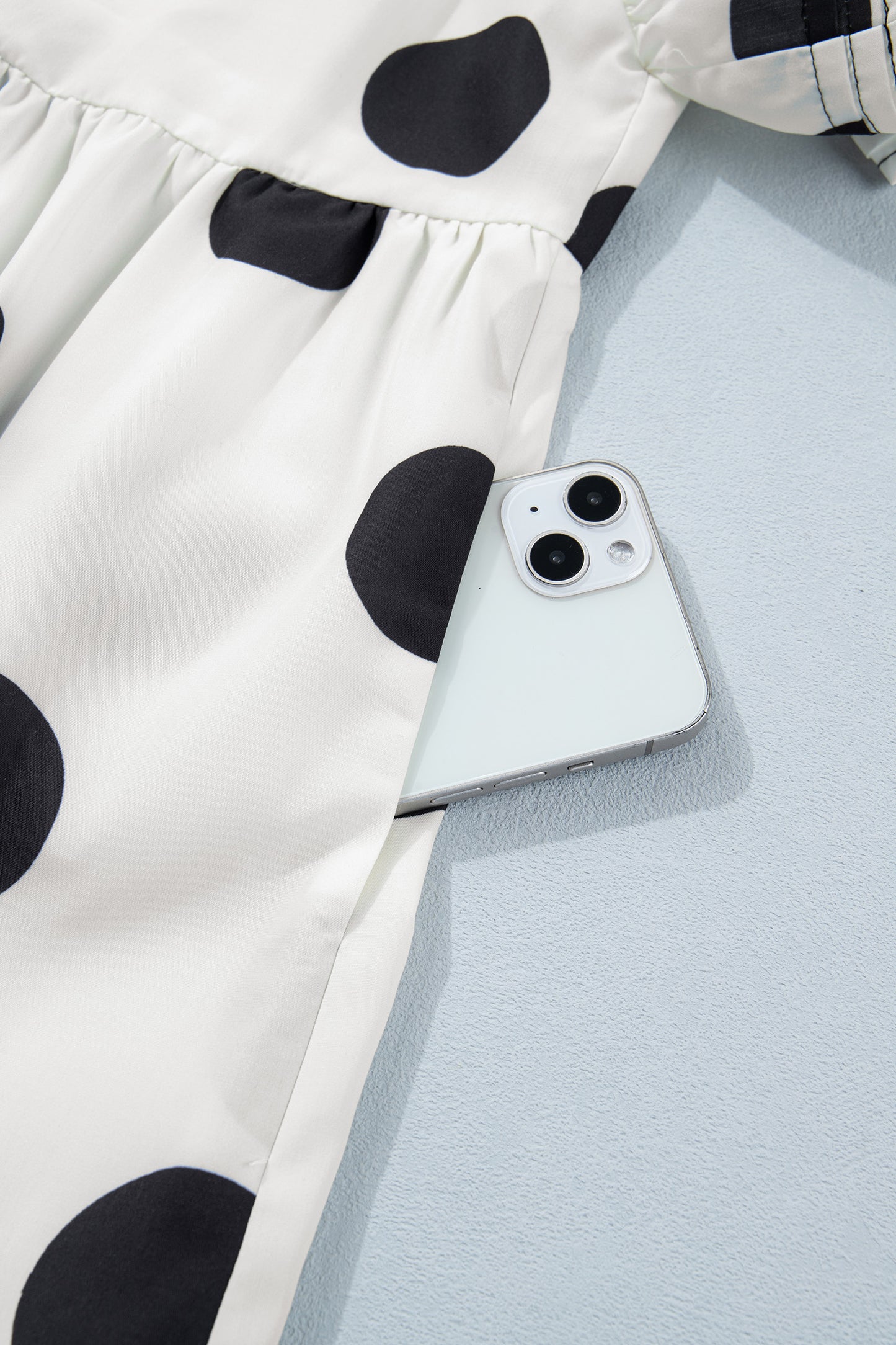Porch Pick-up White Polka Dot Print Half Button Ruffled Short Sleeve Loose Mini Dress