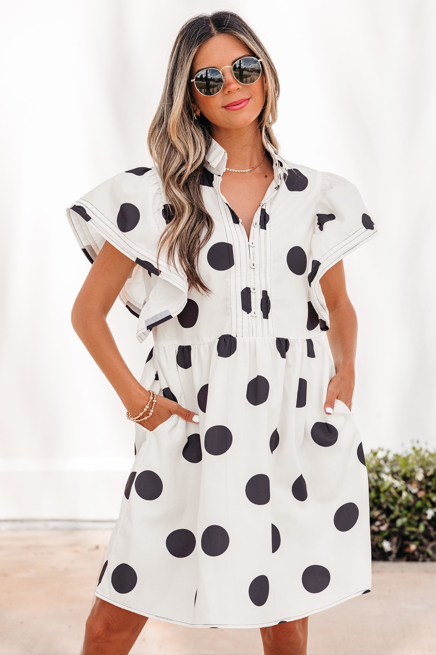 Porch Pick-up White Polka Dot Print Half Button Ruffled Short Sleeve Loose Mini Dress