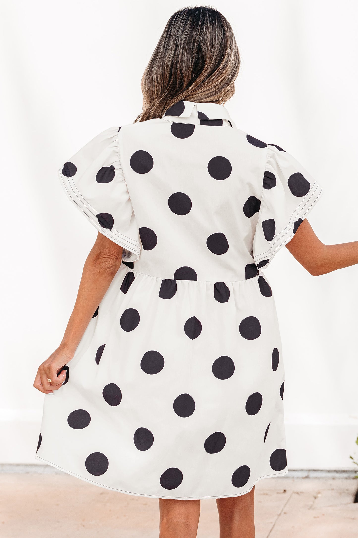Porch Pick-up White Polka Dot Print Half Button Ruffled Short Sleeve Loose Mini Dress