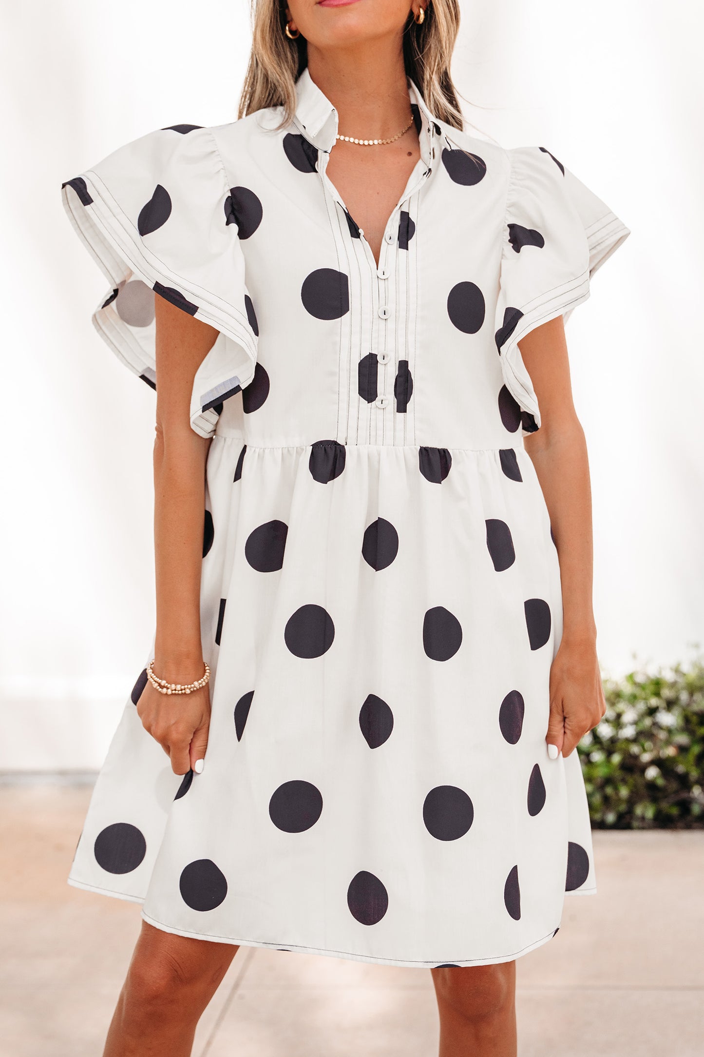 Porch Pick-up White Polka Dot Print Half Button Ruffled Short Sleeve Loose Mini Dress