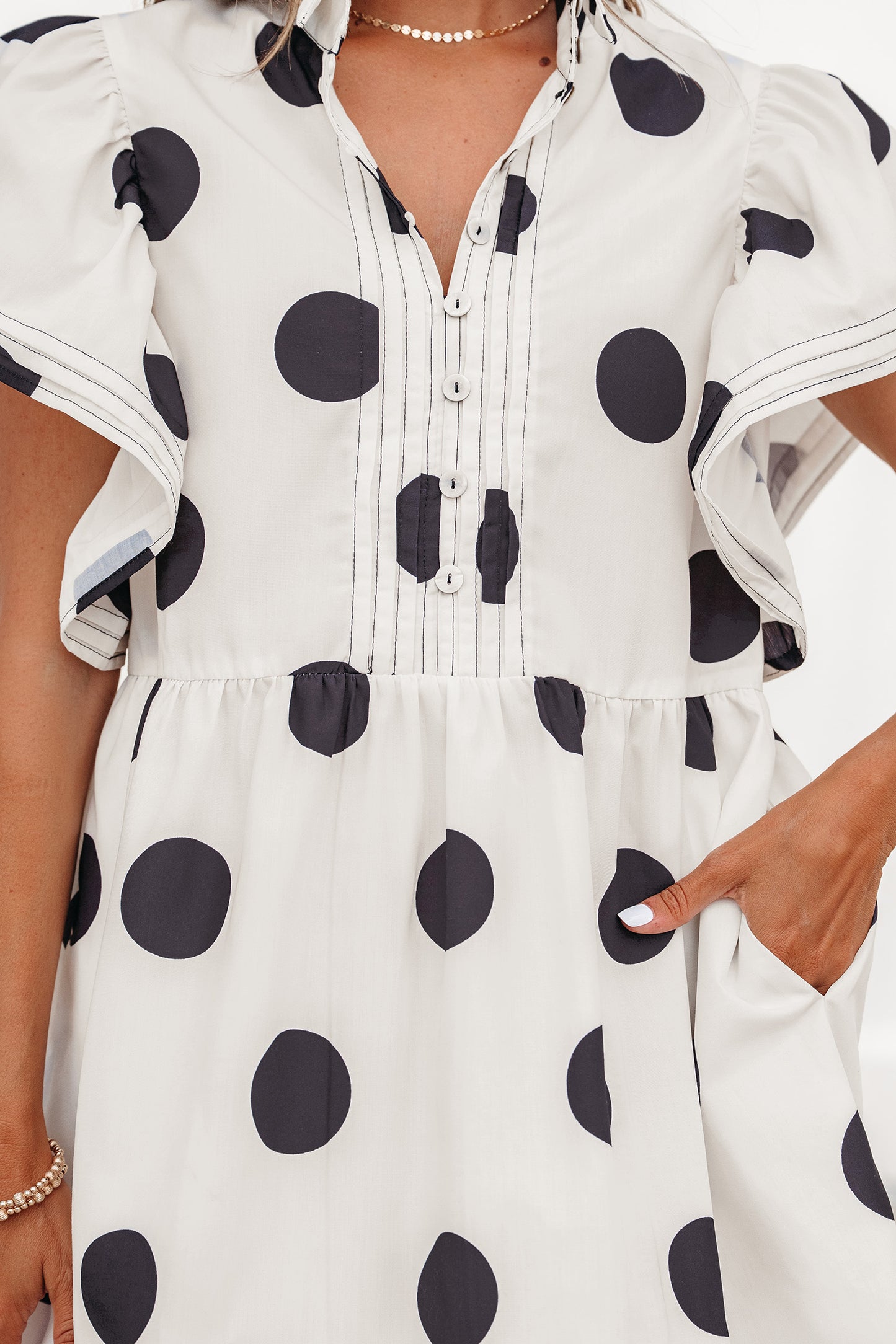 Porch Pick-up White Polka Dot Print Half Button Ruffled Short Sleeve Loose Mini Dress