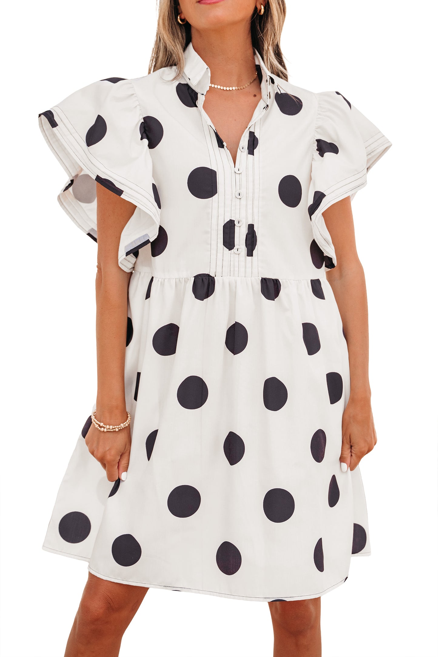 Porch Pick-up White Polka Dot Print Half Button Ruffled Short Sleeve Loose Mini Dress