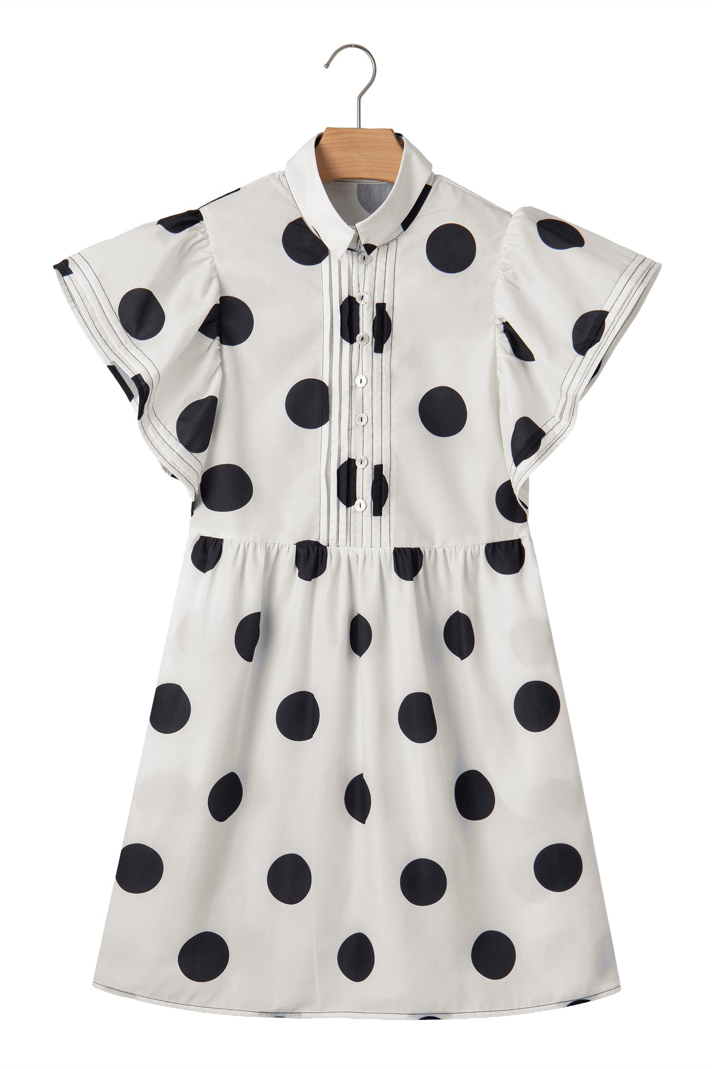 Porch Pick-up White Polka Dot Print Half Button Ruffled Short Sleeve Loose Mini Dress