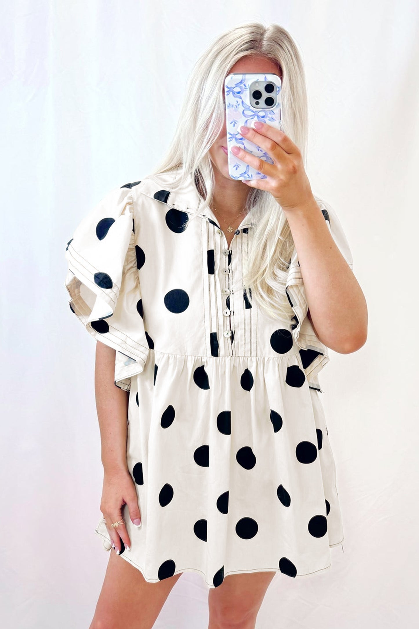 Porch Pick-up White Polka Dot Print Half Button Ruffled Short Sleeve Loose Mini Dress