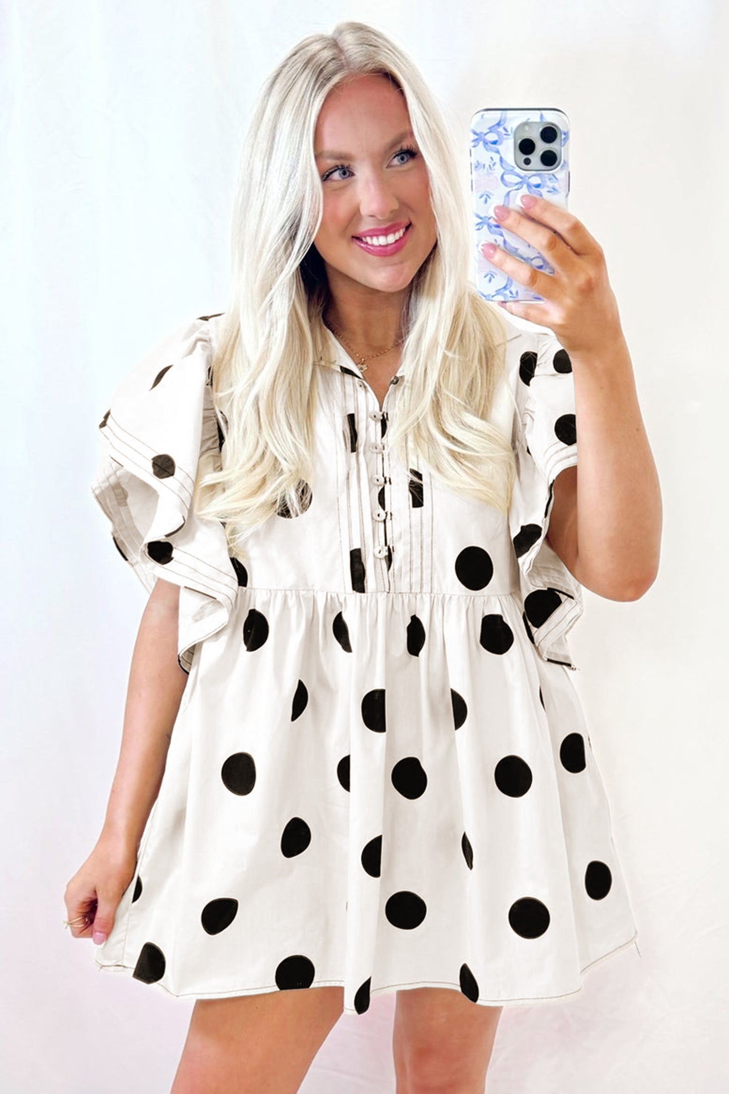 Porch Pick-up White Polka Dot Print Half Button Ruffled Short Sleeve Loose Mini Dress