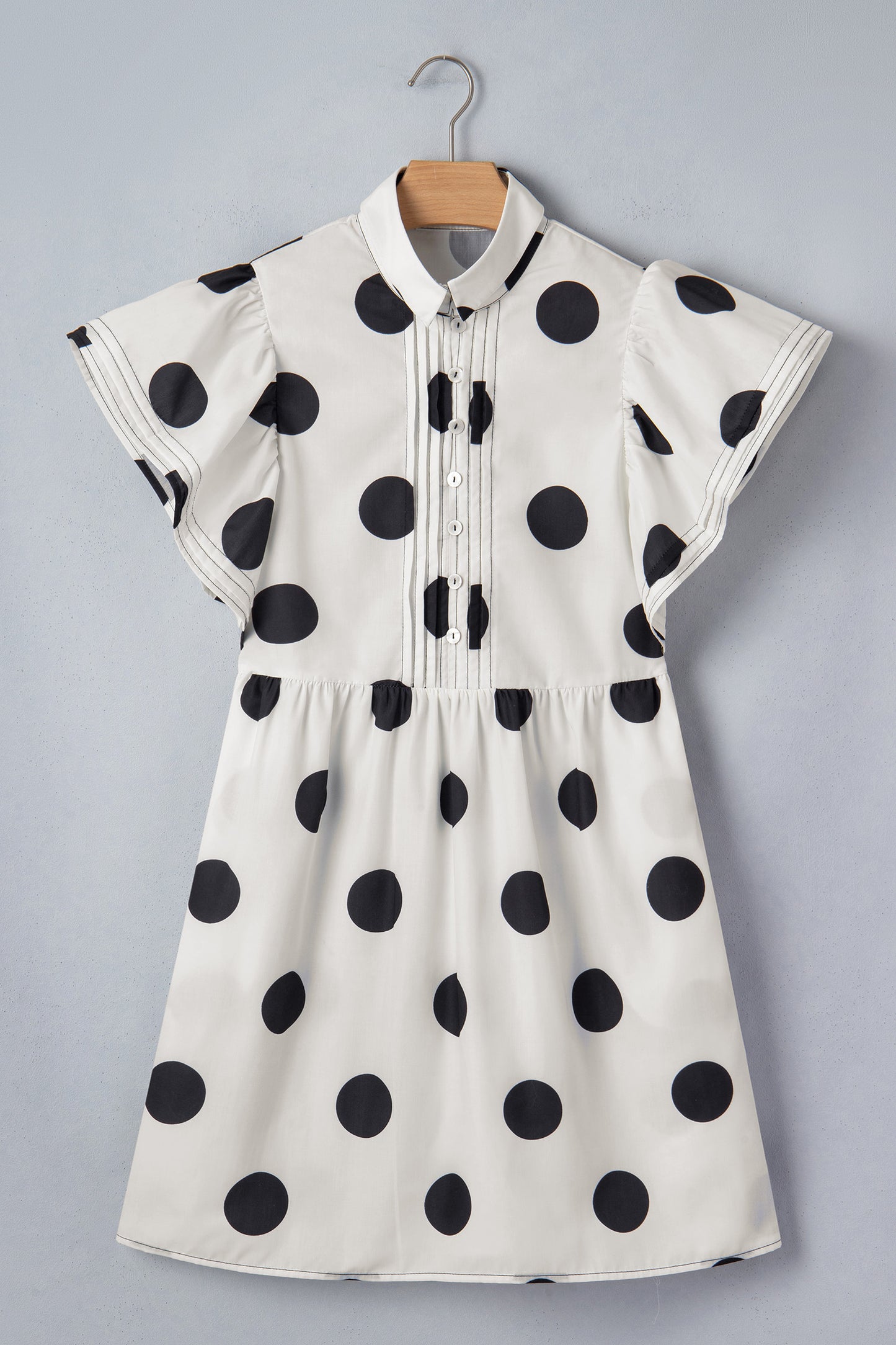 Porch Pick-up White Polka Dot Print Half Button Ruffled Short Sleeve Loose Mini Dress