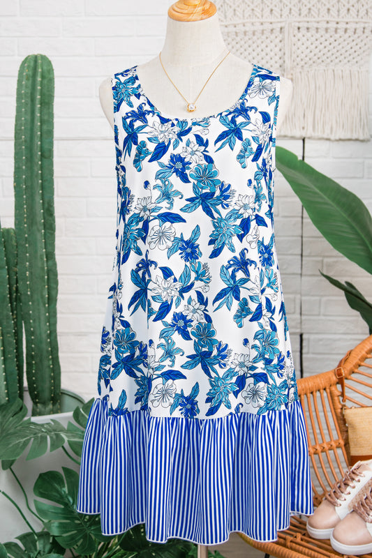 Porch Pick-up Sky Blue Floral Print U Neck Sleeveless Striped Ruffle Hem Patchwork Dress