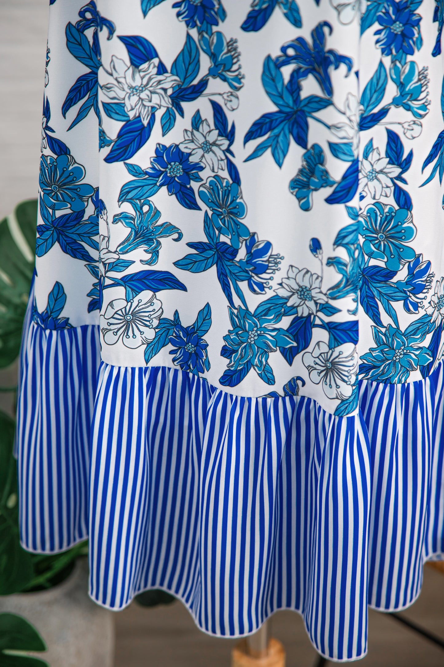Porch Pick-up Sky Blue Floral Print U Neck Sleeveless Striped Ruffle Hem Patchwork Dress