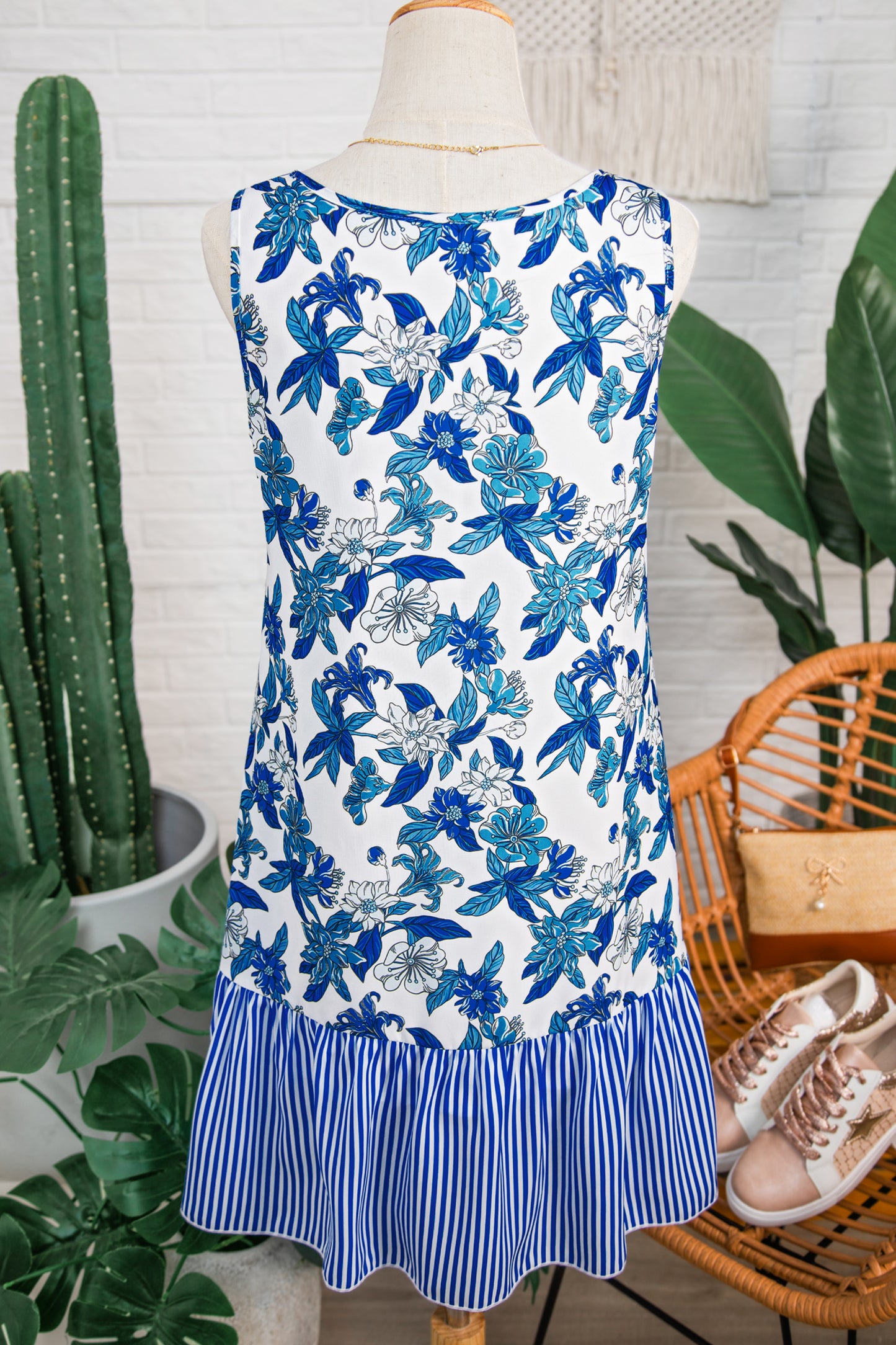 Porch Pick-up Sky Blue Floral Print U Neck Sleeveless Striped Ruffle Hem Patchwork Dress
