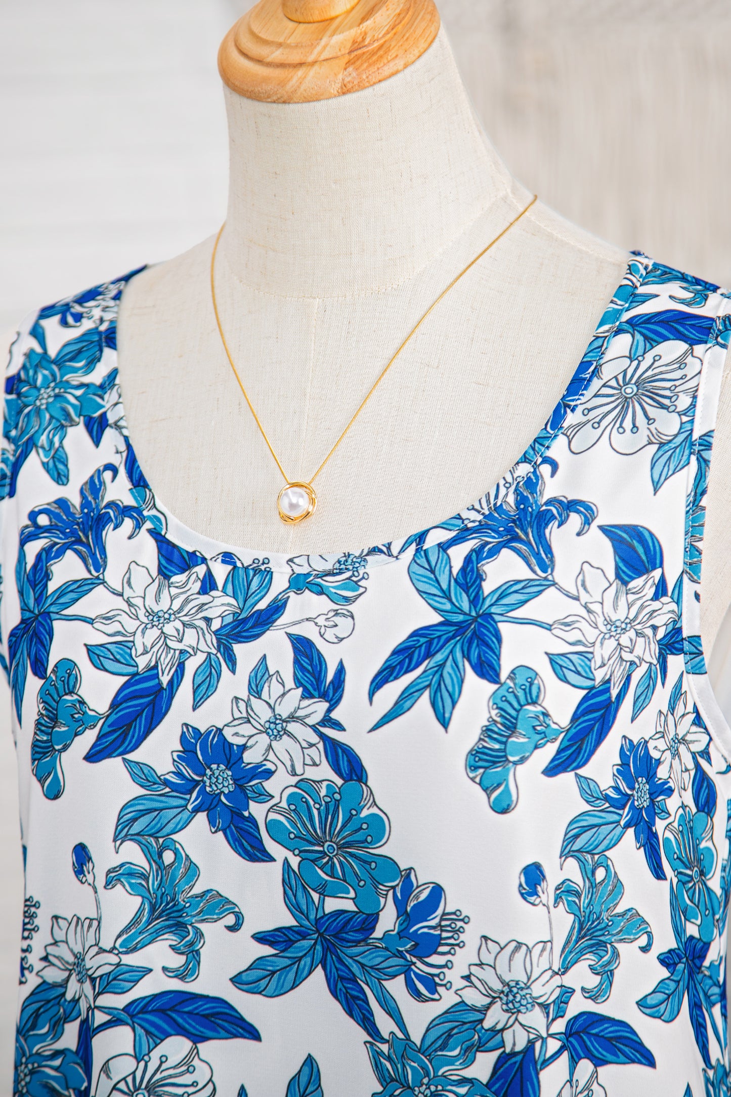 Porch Pick-up Sky Blue Floral Print U Neck Sleeveless Striped Ruffle Hem Patchwork Dress