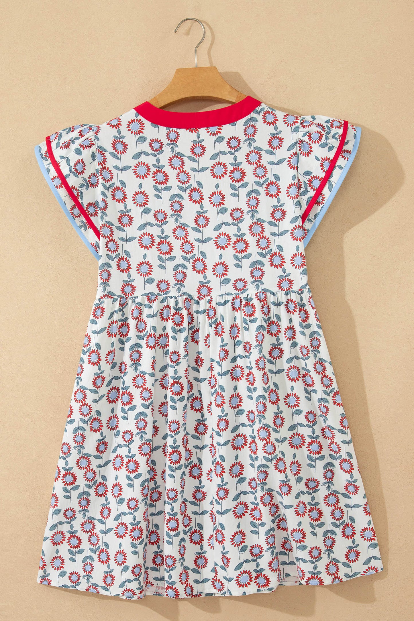 Porch Pick-up Red Floral Print Contrast Trim Flutter Sleeve Mini Dress