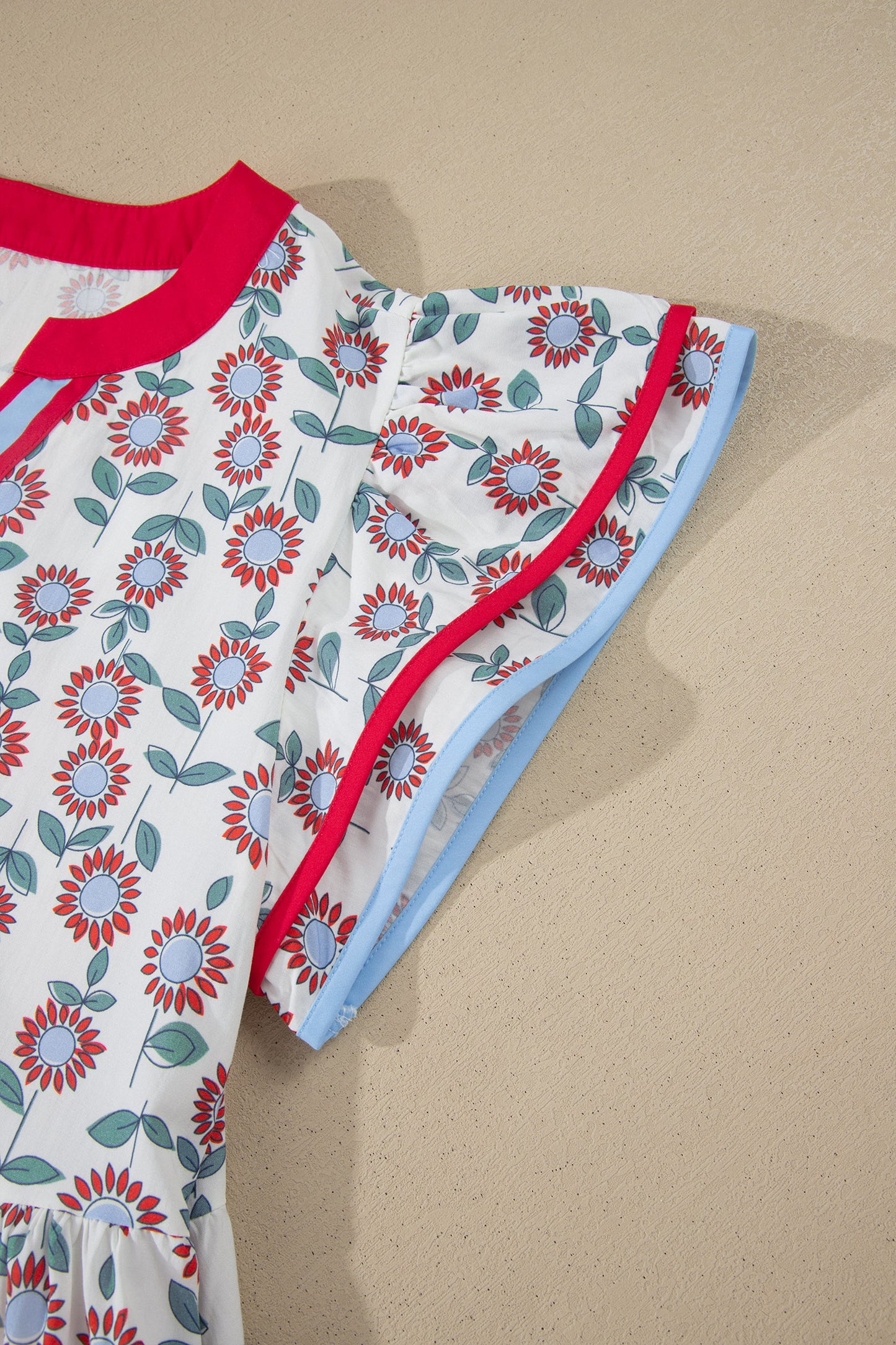 Porch Pick-up Red Floral Print Contrast Trim Flutter Sleeve Mini Dress