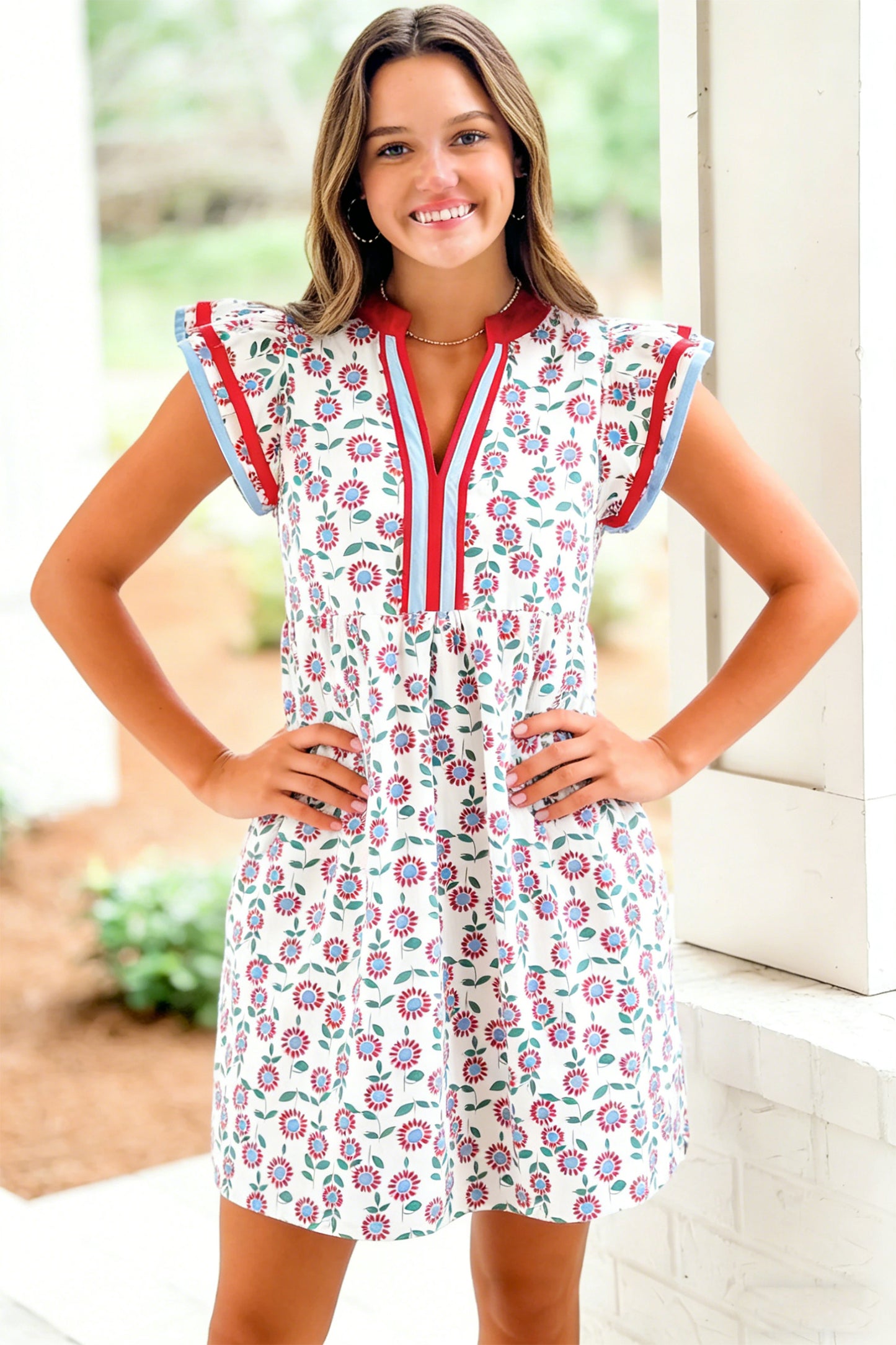 Porch Pick-up Red Floral Print Contrast Trim Flutter Sleeve Mini Dress