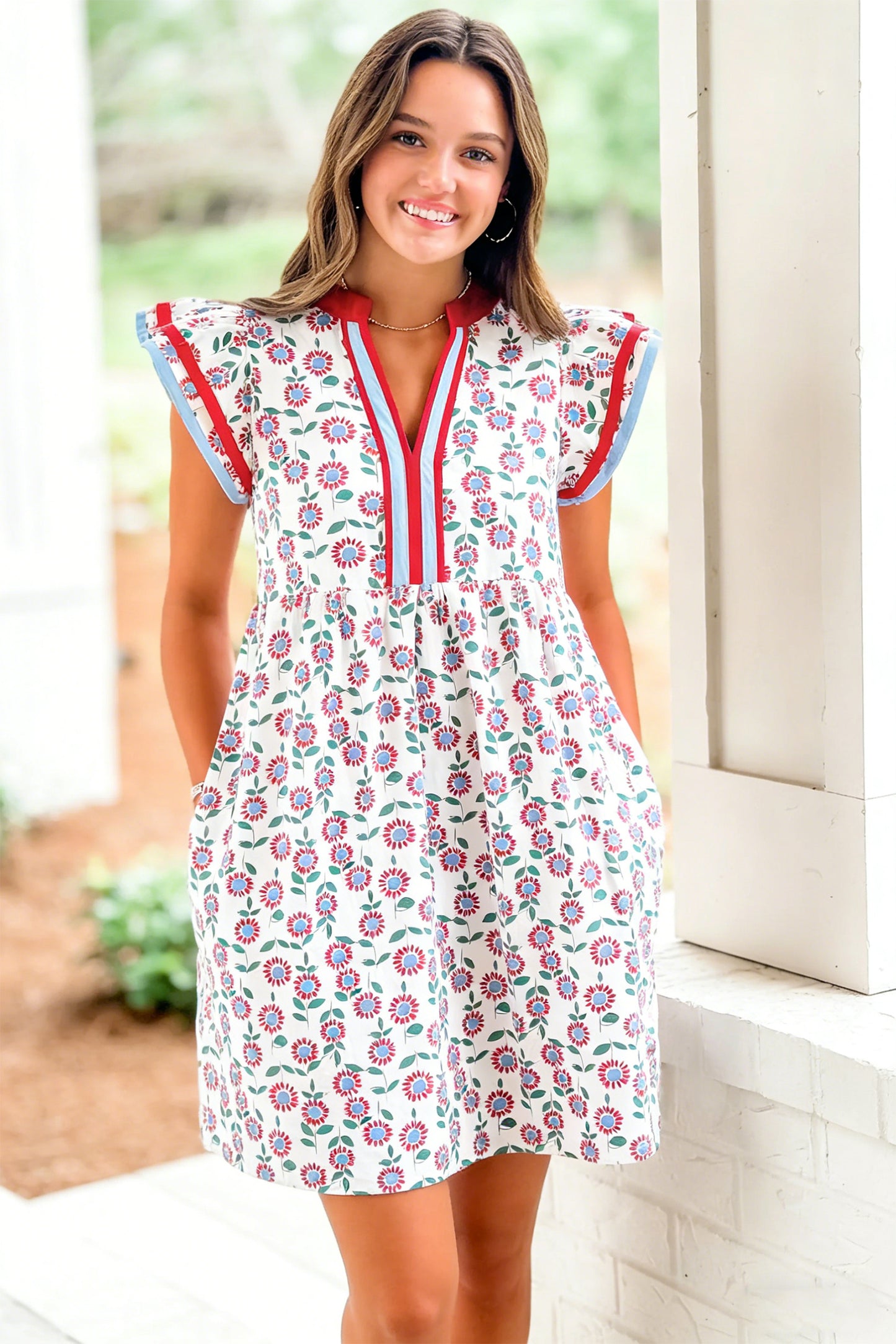 Porch Pick-up Red Floral Print Contrast Trim Flutter Sleeve Mini Dress