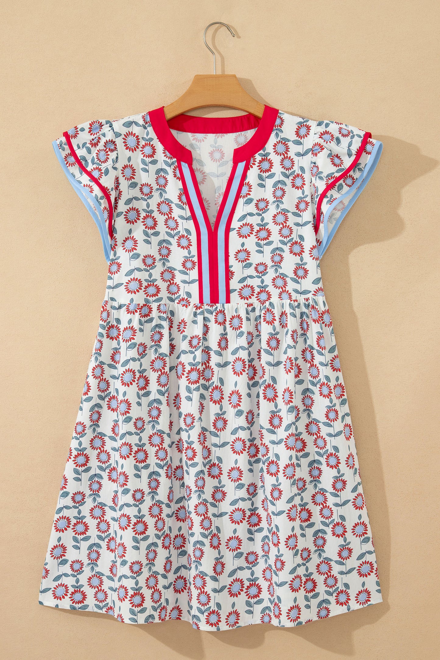 Porch Pick-up Red Floral Print Contrast Trim Flutter Sleeve Mini Dress