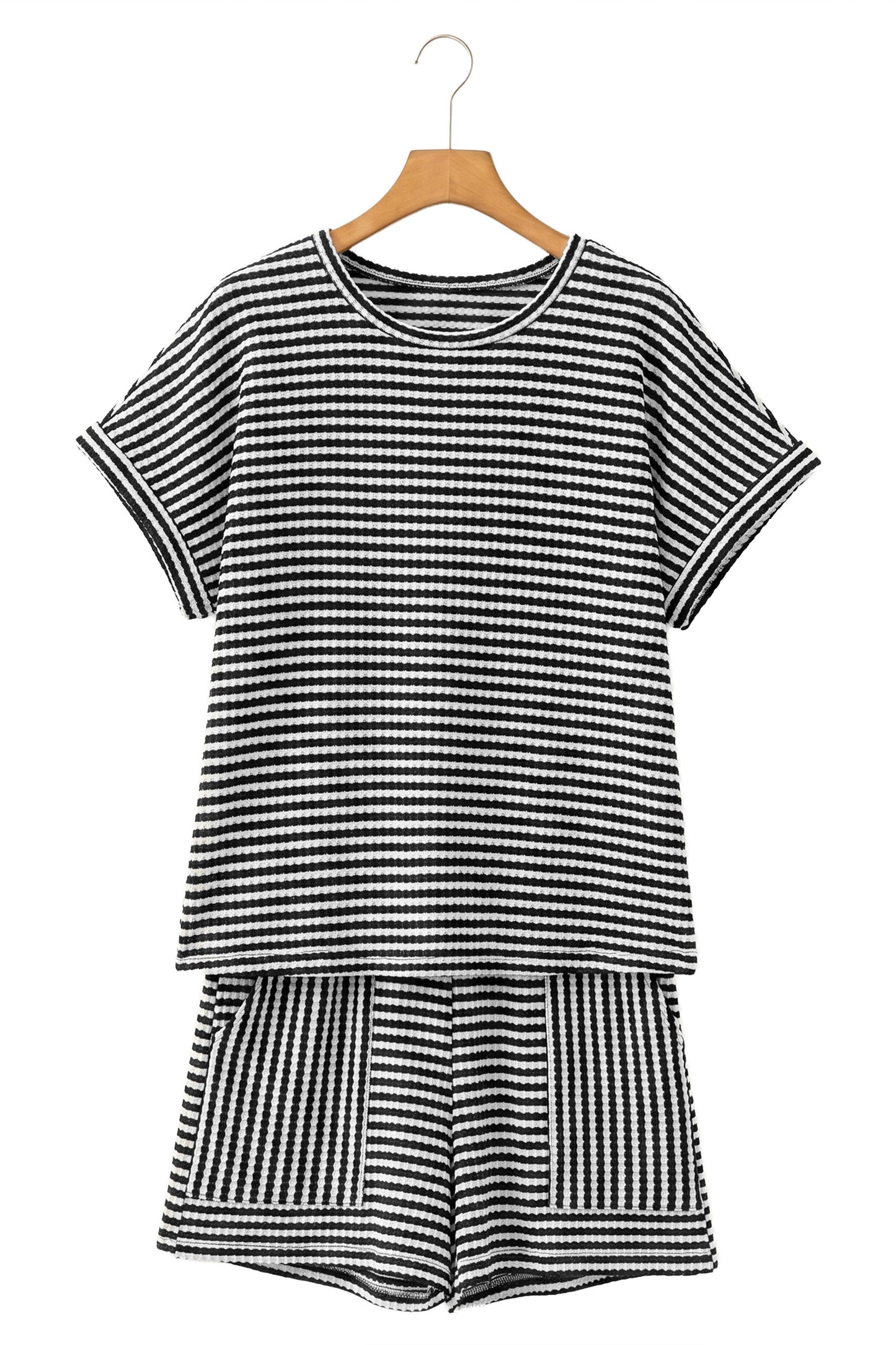 Porch Pick-up Black Stripe Breathable Textured Knit Short 2pcs Set
