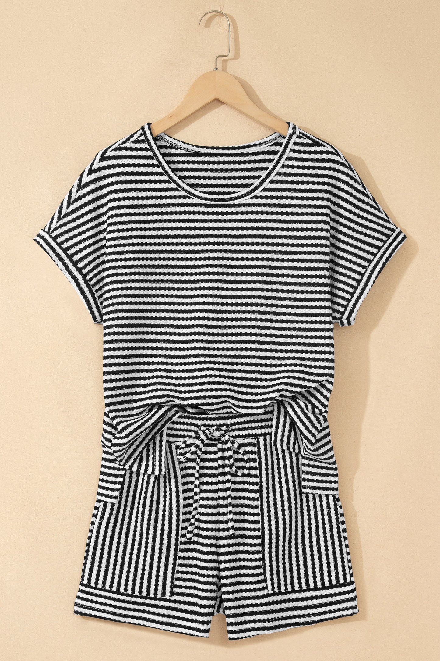 Porch Pick-up Black Stripe Breathable Textured Knit Short 2pcs Set
