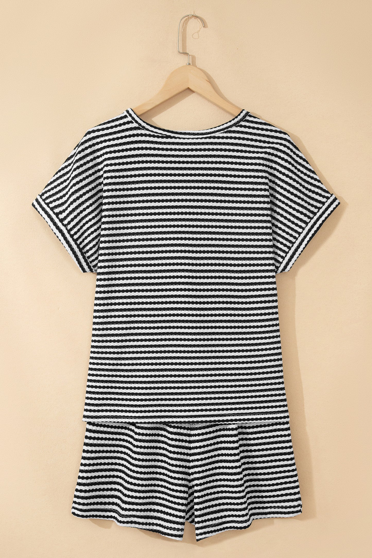 Porch Pick-up Black Stripe Breathable Textured Knit Short 2pcs Set