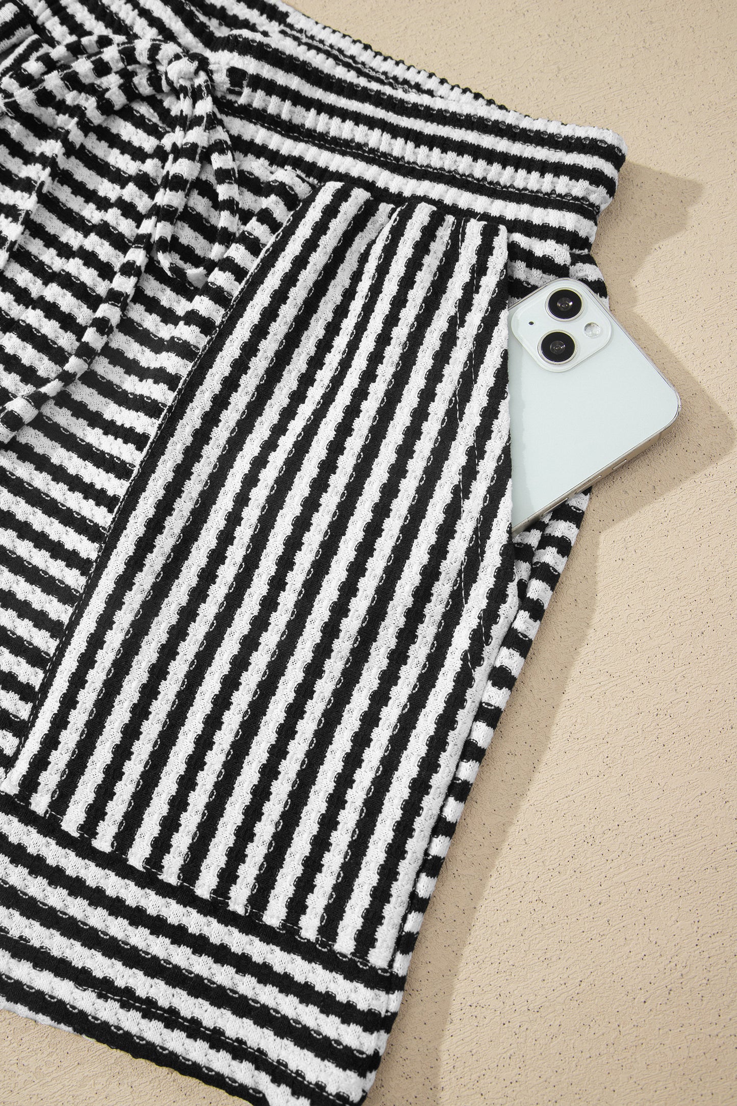 Porch Pick-up Black Stripe Breathable Textured Knit Short 2pcs Set
