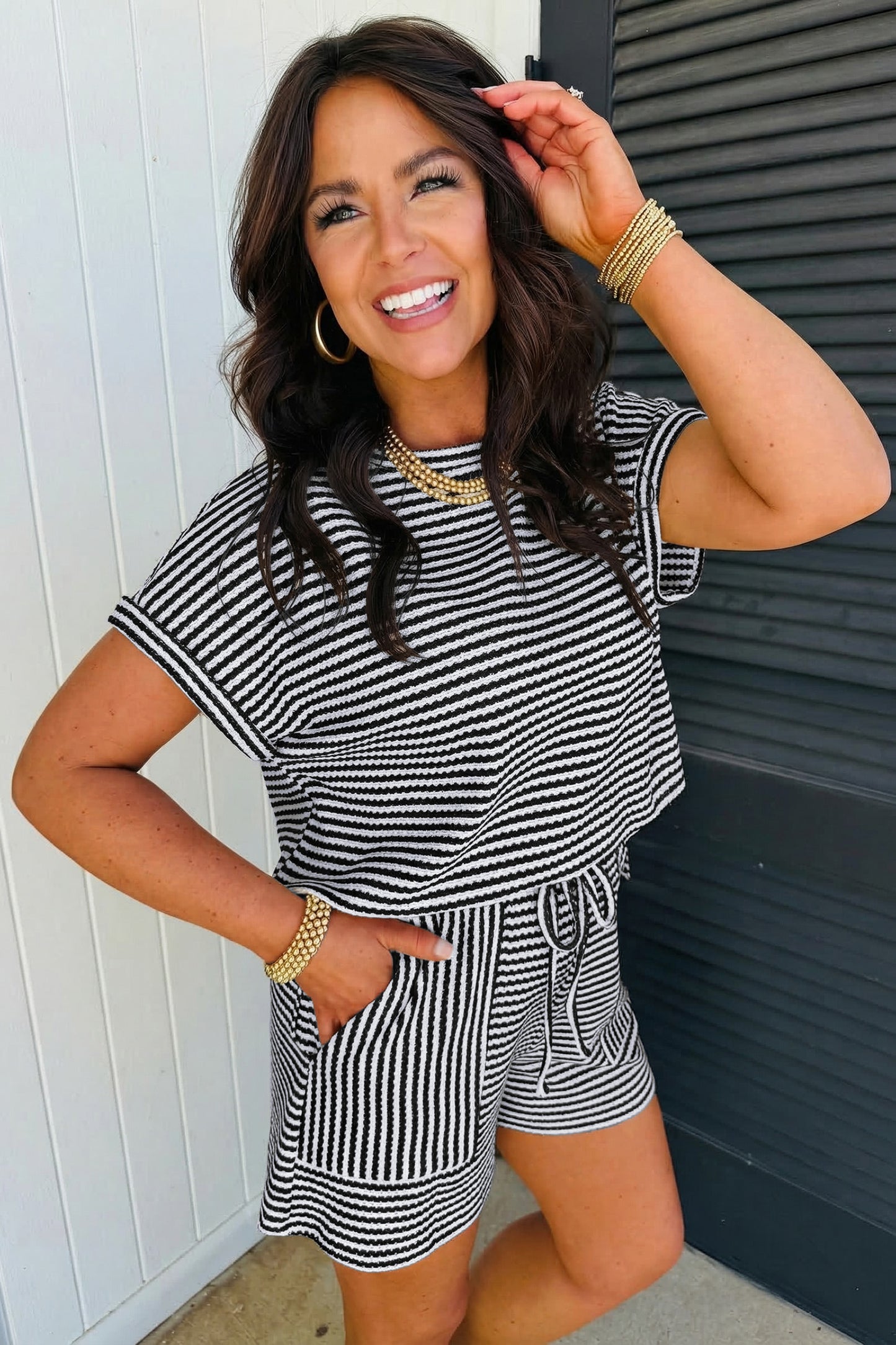 Porch Pick-up Black Stripe Breathable Textured Knit Short 2pcs Set