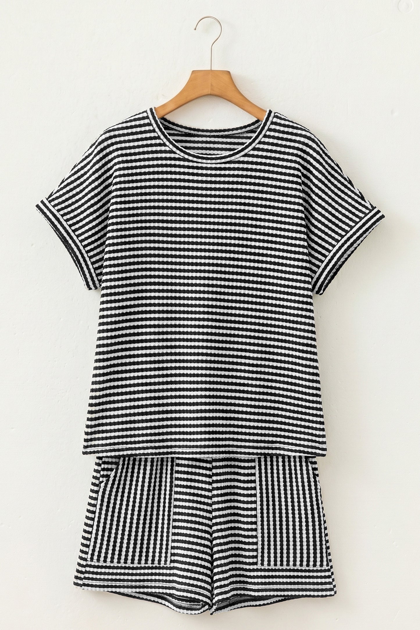 Porch Pick-up Black Stripe Breathable Textured Knit Short 2pcs Set