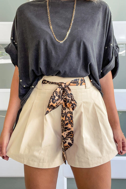 Porch Pick-up Oatmeal Leopard Contrast Sash Belt Pleated Wide Leg Shorts