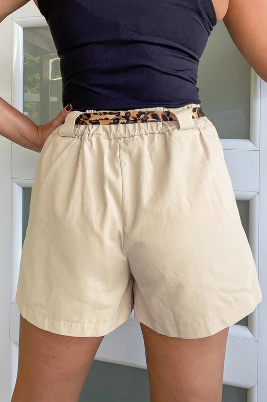 Porch Pick-up Oatmeal Leopard Contrast Sash Belt Pleated Wide Leg Shorts