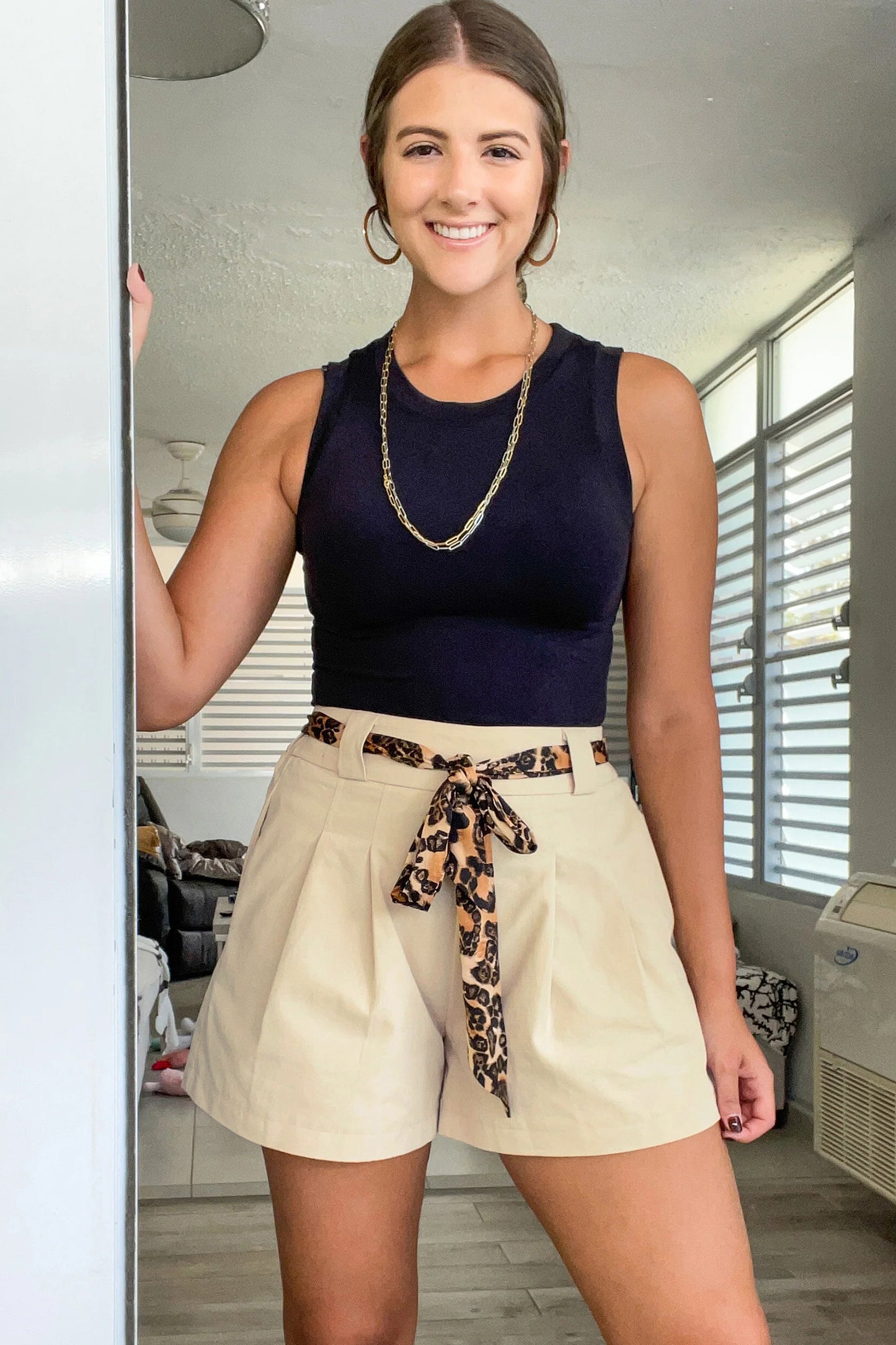 Porch Pick-up Oatmeal Leopard Contrast Sash Belt Pleated Wide Leg Shorts